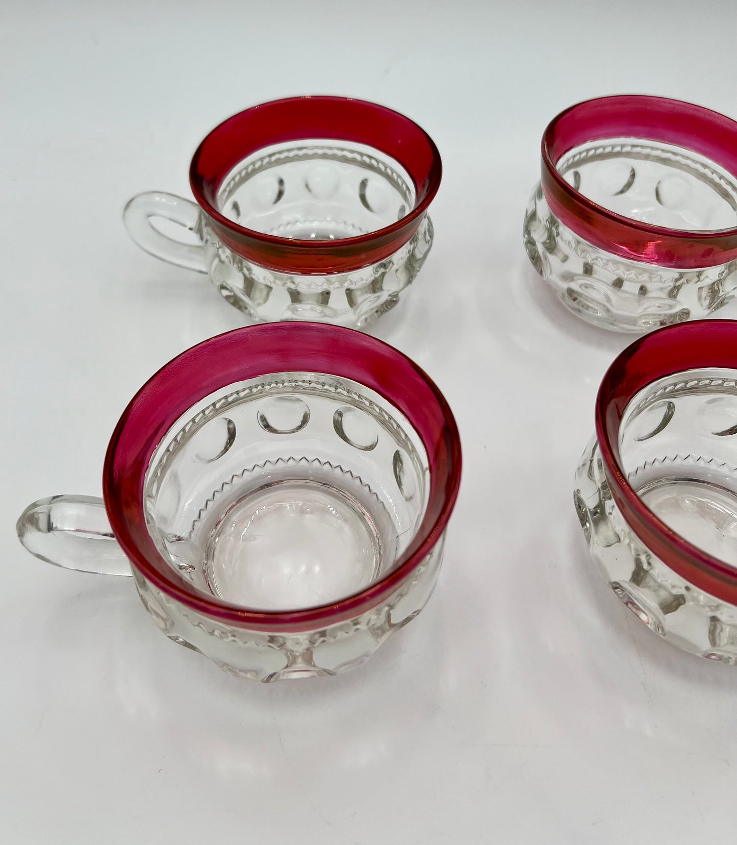 RARE MID-CENTURY PUNCH BOWL CUP SET OF 4 VINTAGE KINGS CROWN RUBY RED THUMBPRINT