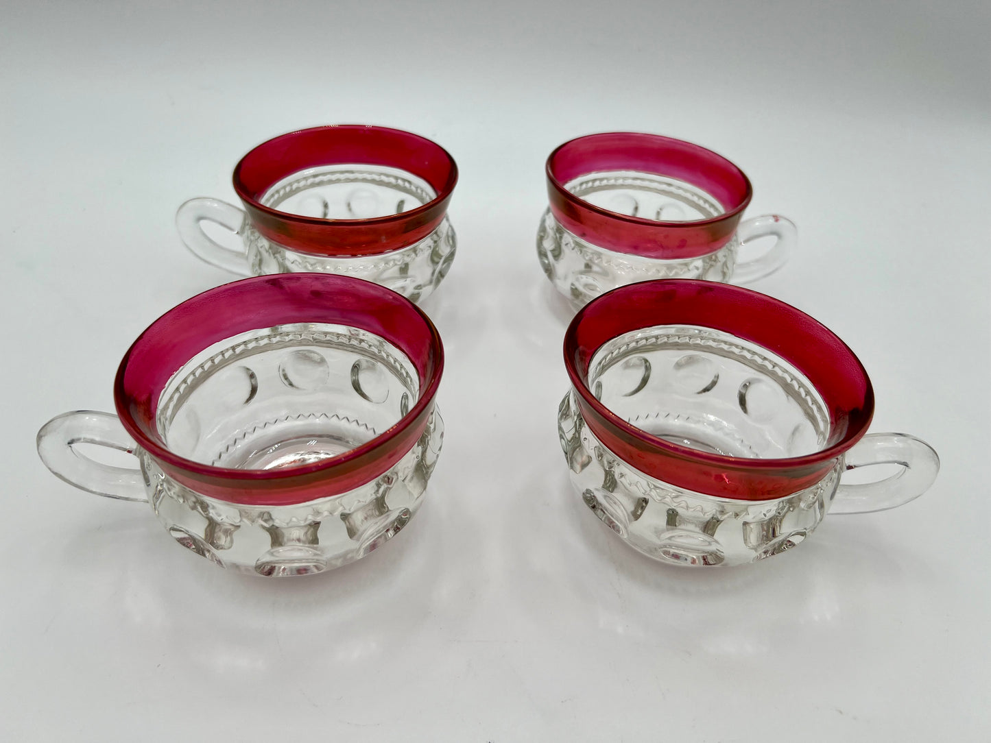 RARE MID-CENTURY PUNCH BOWL CUP SET OF 4 VINTAGE KINGS CROWN RUBY RED THUMBPRINT