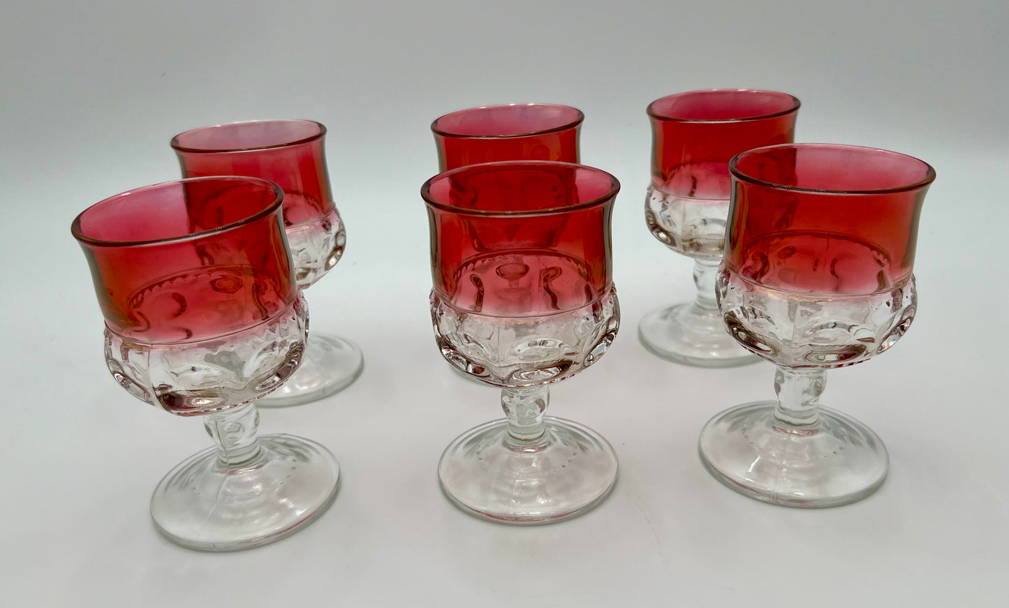 RARE MID-CENTURY SMALL GOBLET SET OF 6 VINTAGE KINGS CROWN RUBY RED THUMBPRINT