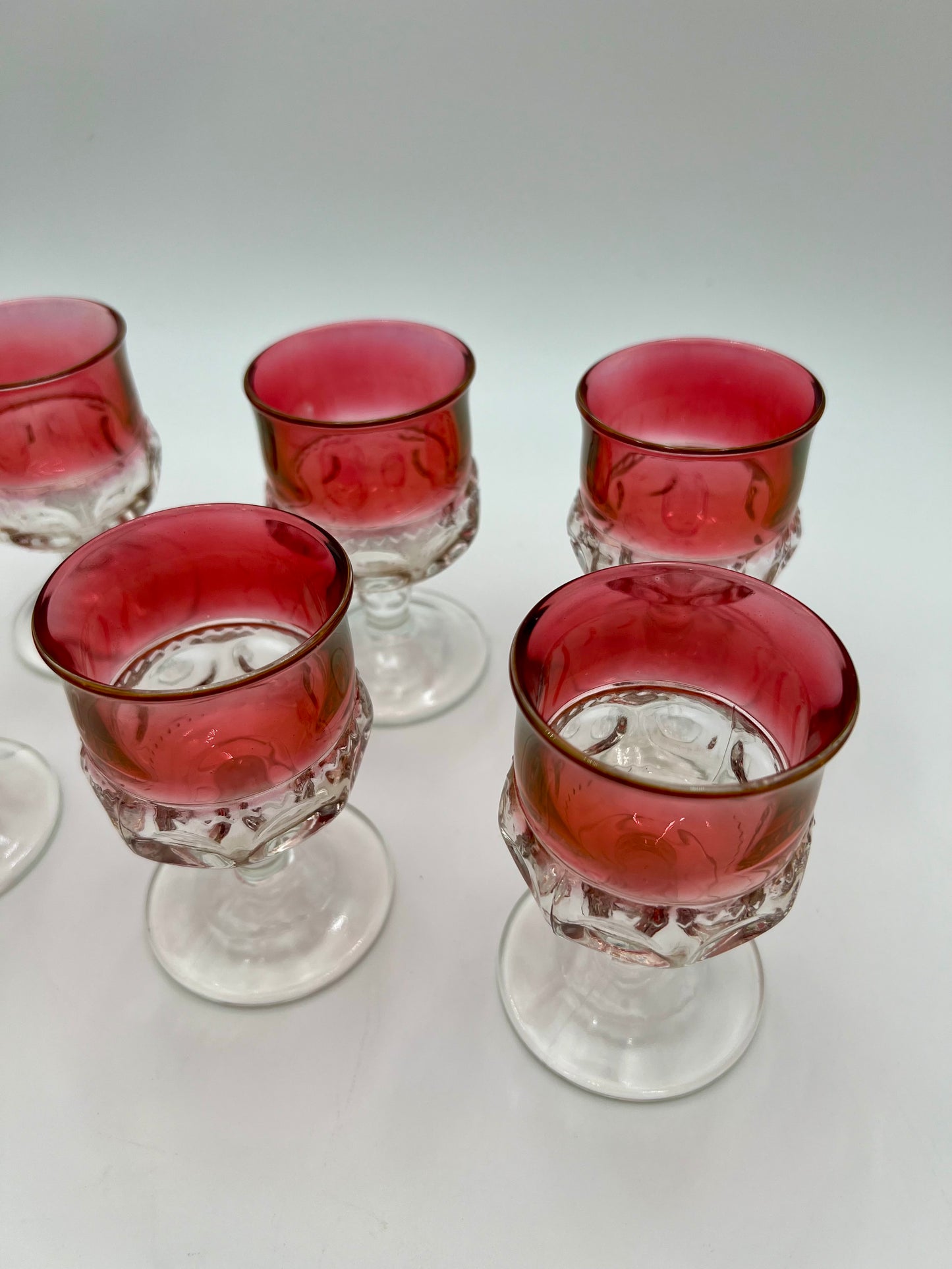 RARE MID-CENTURY SMALL GOBLET SET OF 6 VINTAGE KINGS CROWN RUBY RED THUMBPRINT