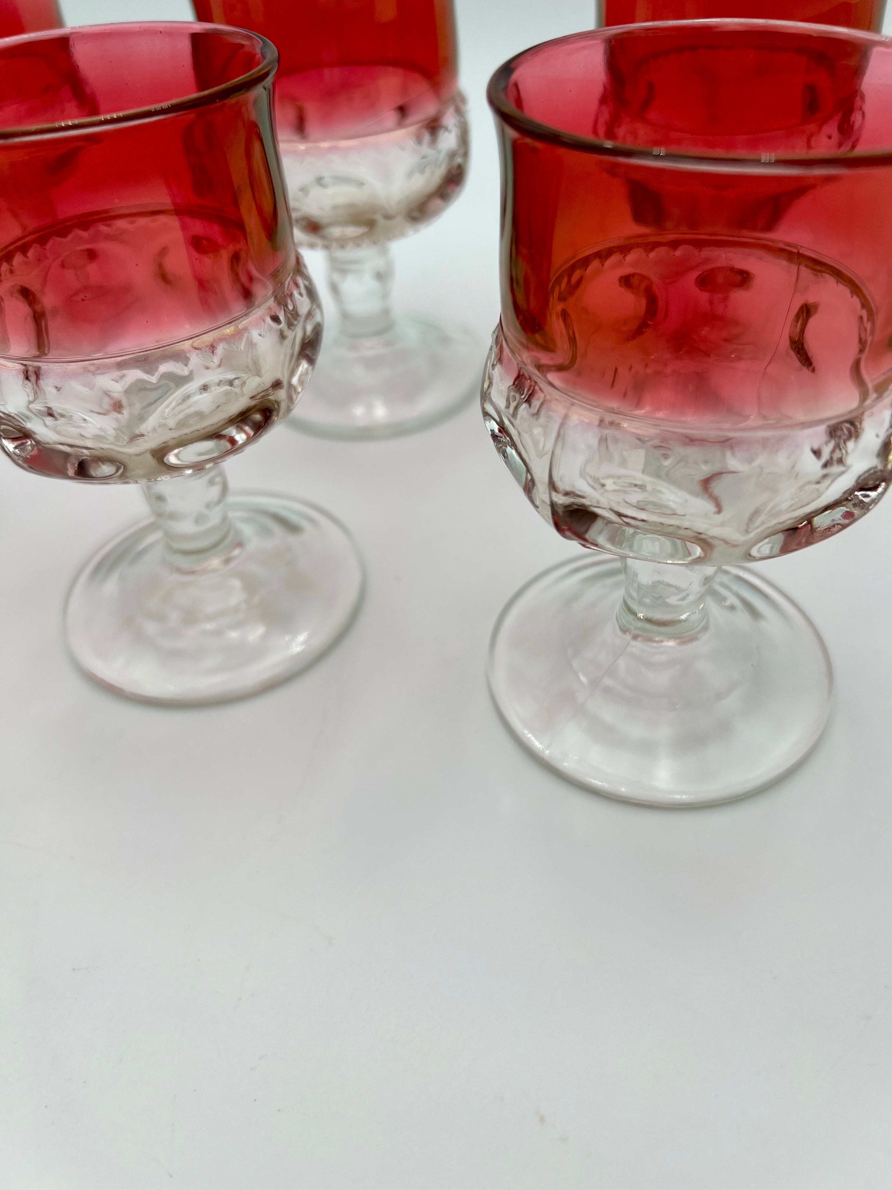 VINTAGE KINGS CROWN THUMBPRINT RUBY FLASH CORDIAL GLASSES – SET OF 6 MID CENTURY RED STEMWARE