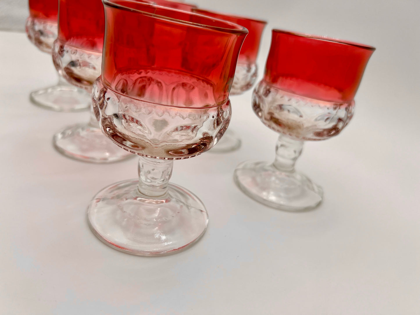 RARE MID-CENTURY SMALL GOBLET SET OF 6 VINTAGE KINGS CROWN RUBY RED THUMBPRINT