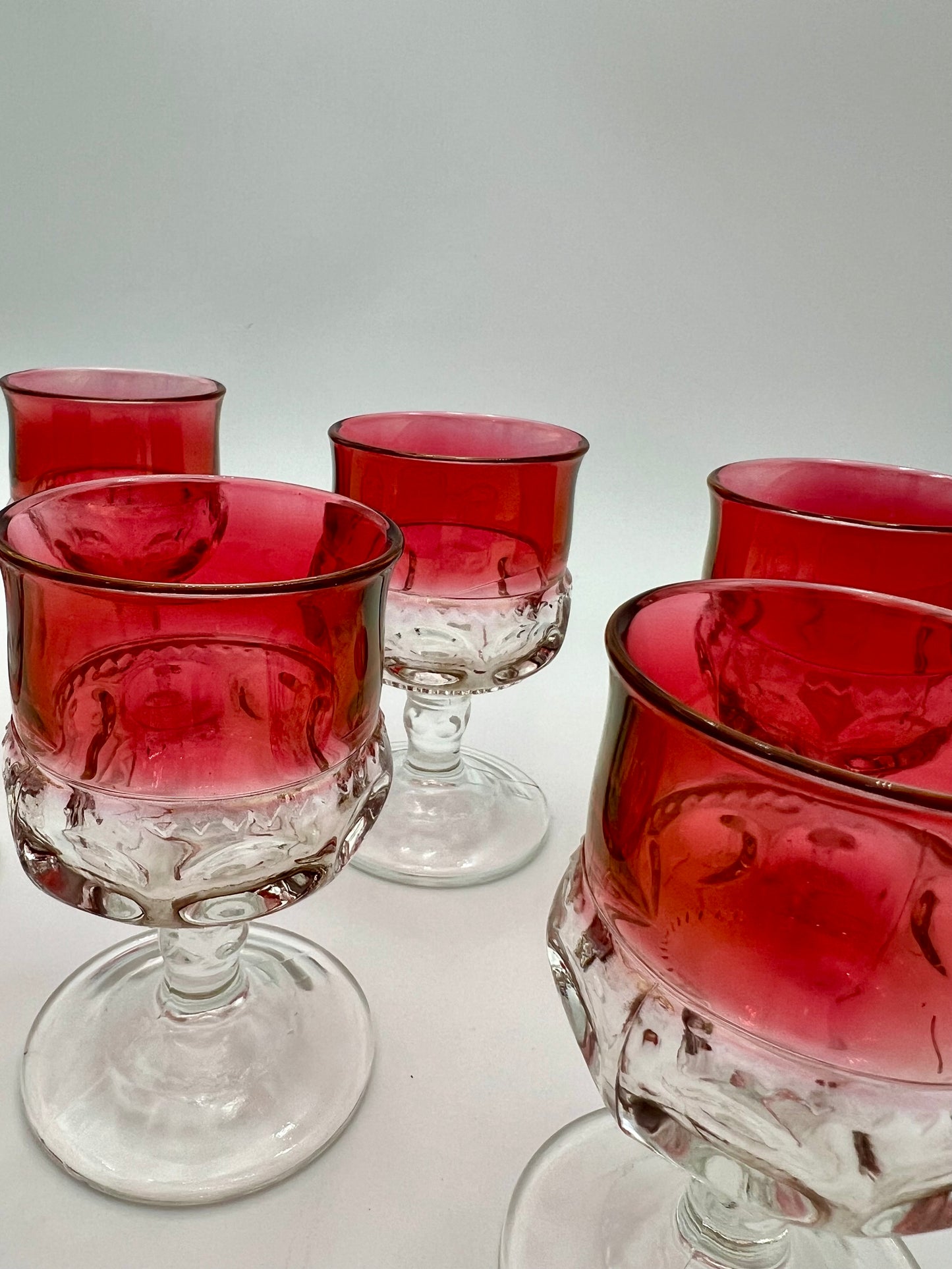 RARE MID-CENTURY SMALL GOBLET SET OF 6 VINTAGE KINGS CROWN RUBY RED THUMBPRINT