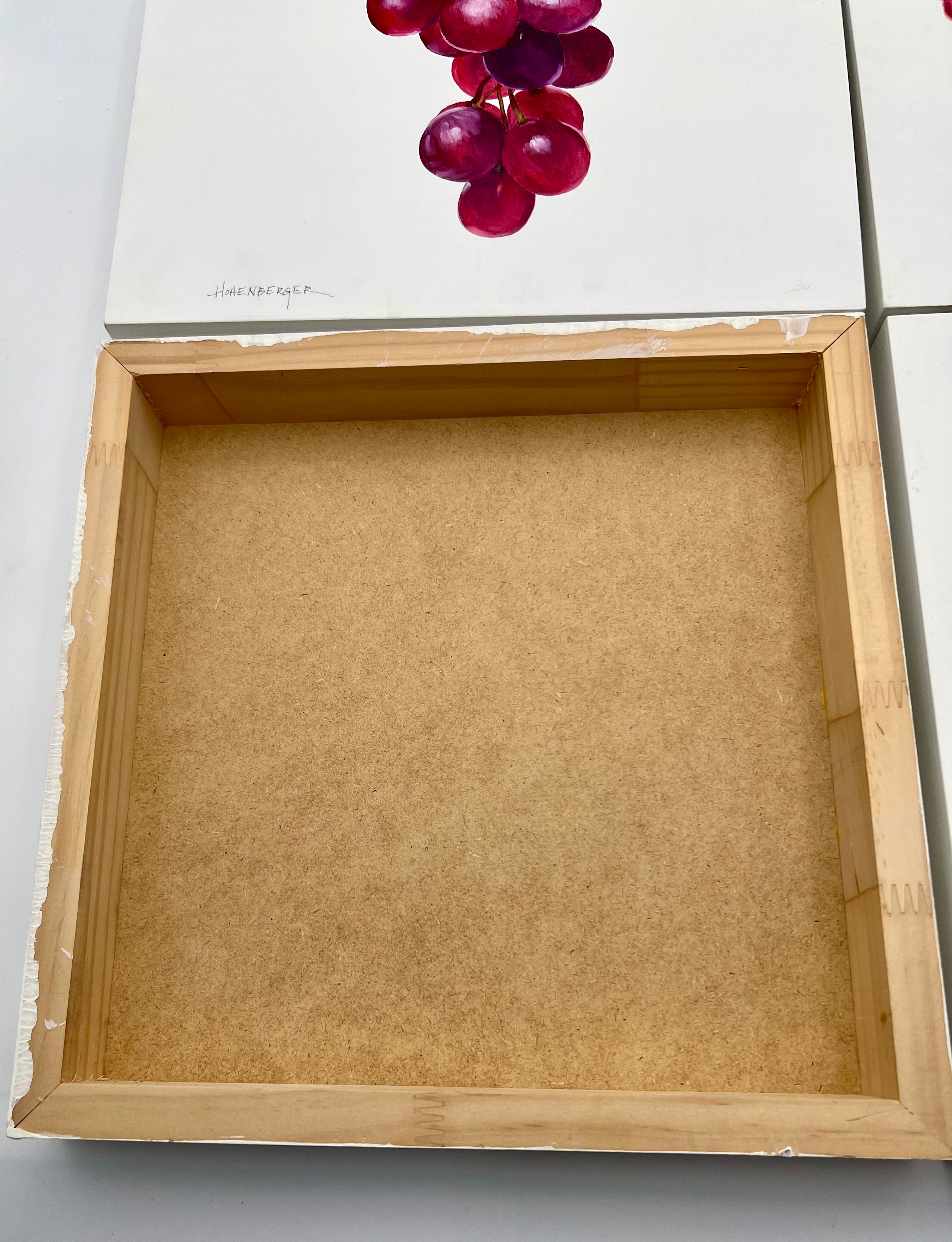SIGNED ROSE HOHENBERGER (HOUSTON, TEXAS) FRUIT STILL LIFE PANEL SERIES — SET OF FOUR — 12"×12" DEEP-EDGE WOOD PANELS