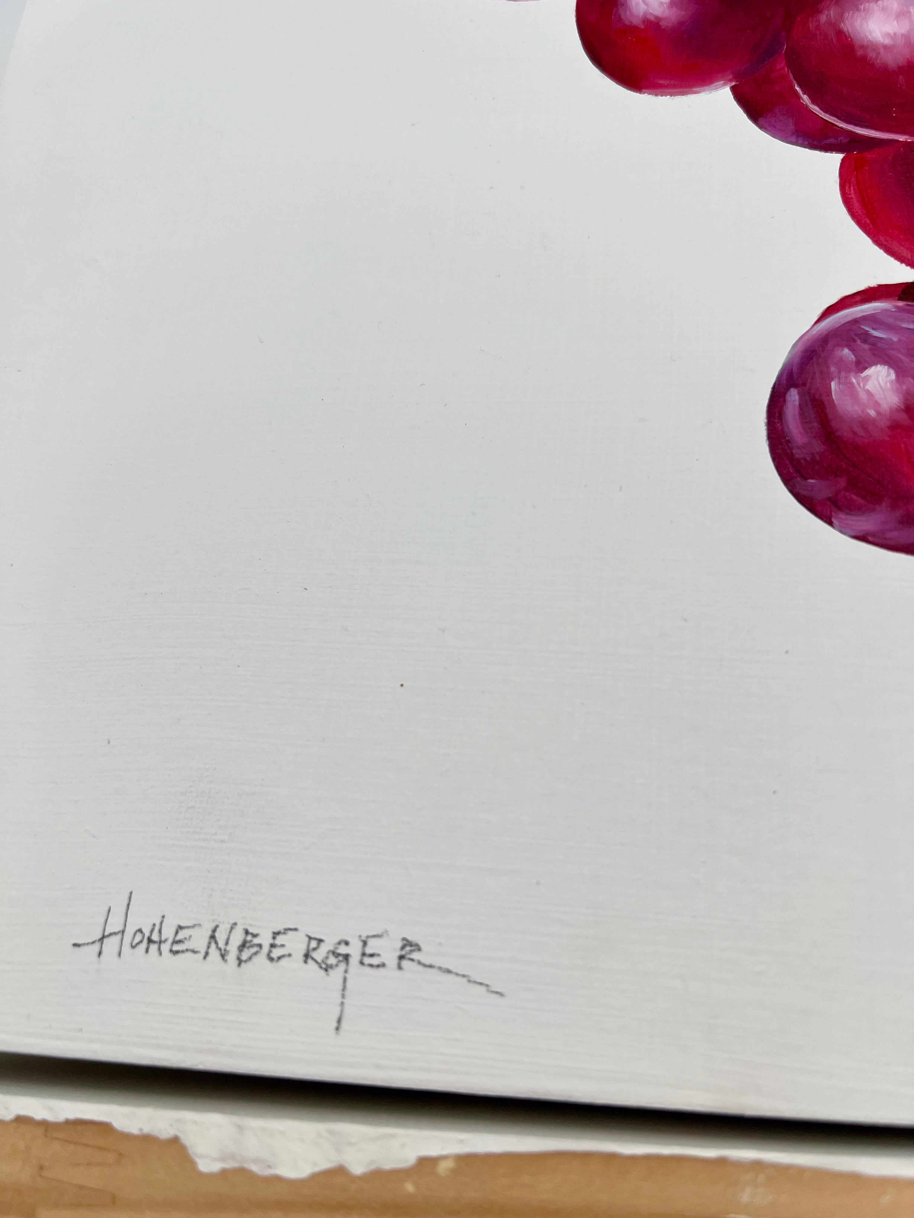 SIGNED ROSE HOHENBERGER (HOUSTON, TEXAS) FRUIT STILL LIFE PANEL SERIES — SET OF FOUR — 12"×12" DEEP-EDGE WOOD PANELS
