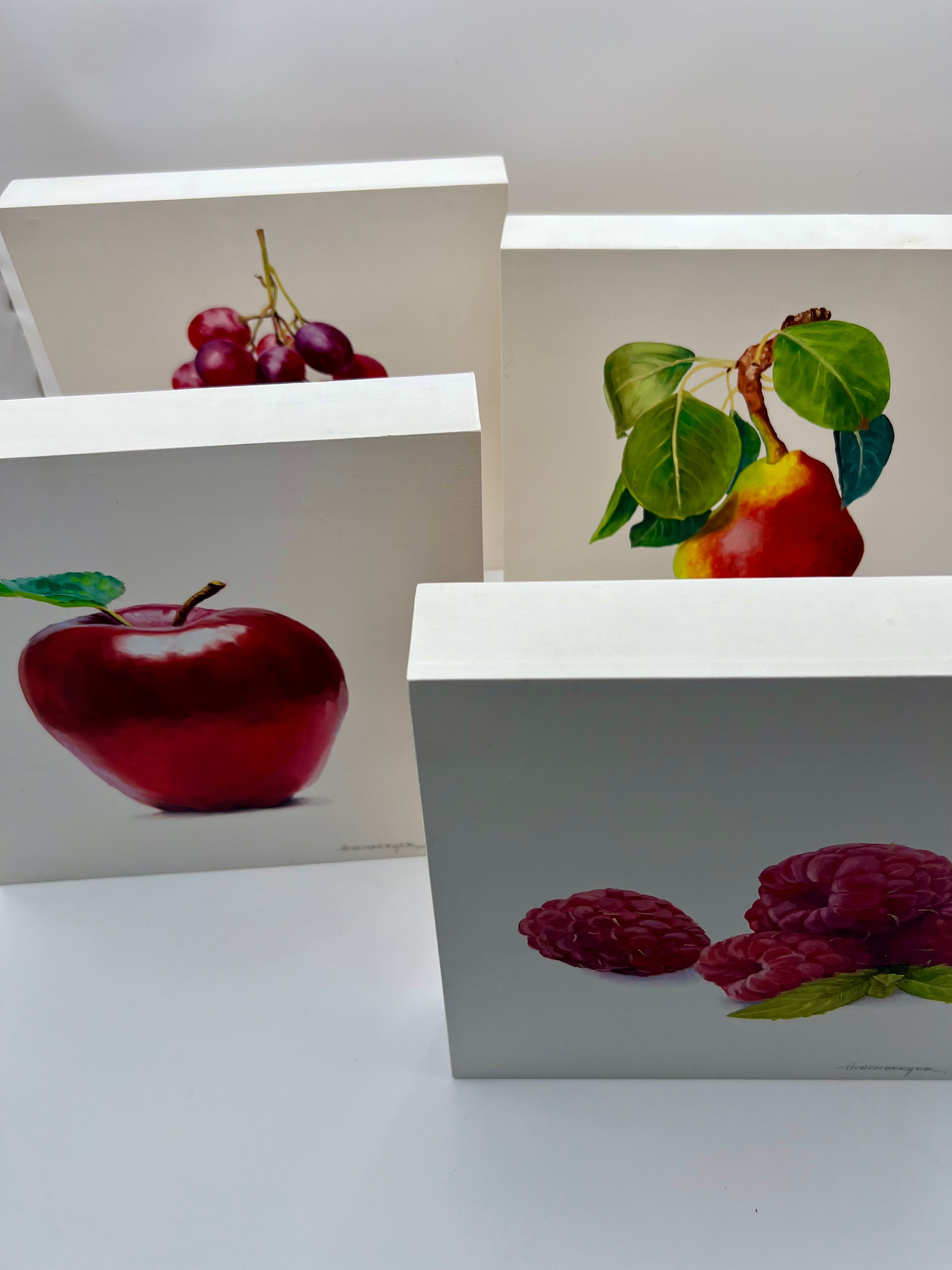 SIGNED ROSE HOHENBERGER (HOUSTON, TEXAS) FRUIT STILL LIFE PANEL SERIES — SET OF FOUR — 12"×12" DEEP-EDGE WOOD PANELS