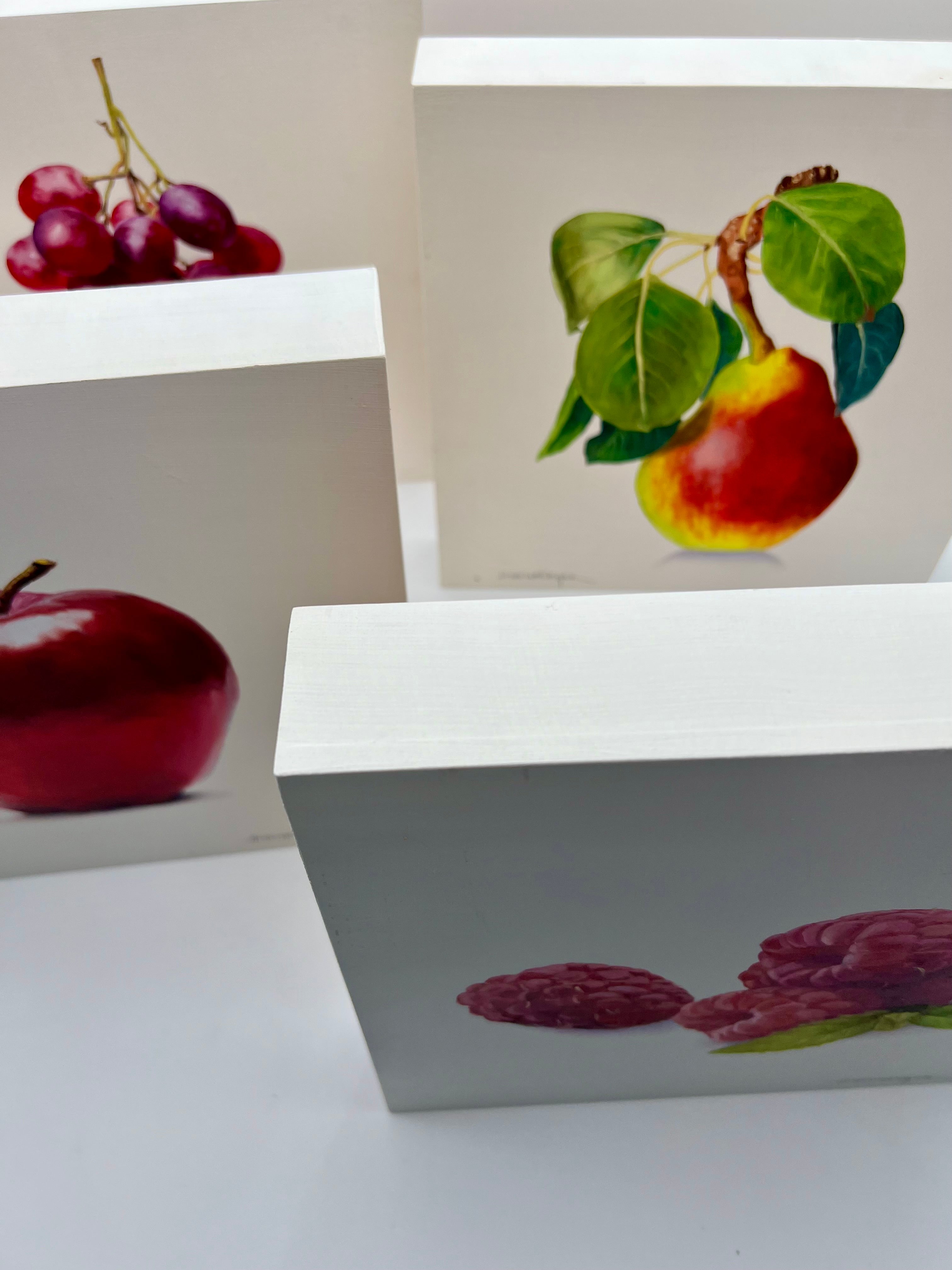SIGNED ROSE HOHENBERGER (HOUSTON, TEXAS) FRUIT STILL LIFE PANEL SERIES — SET OF FOUR — 12"×12" DEEP-EDGE WOOD PANELS