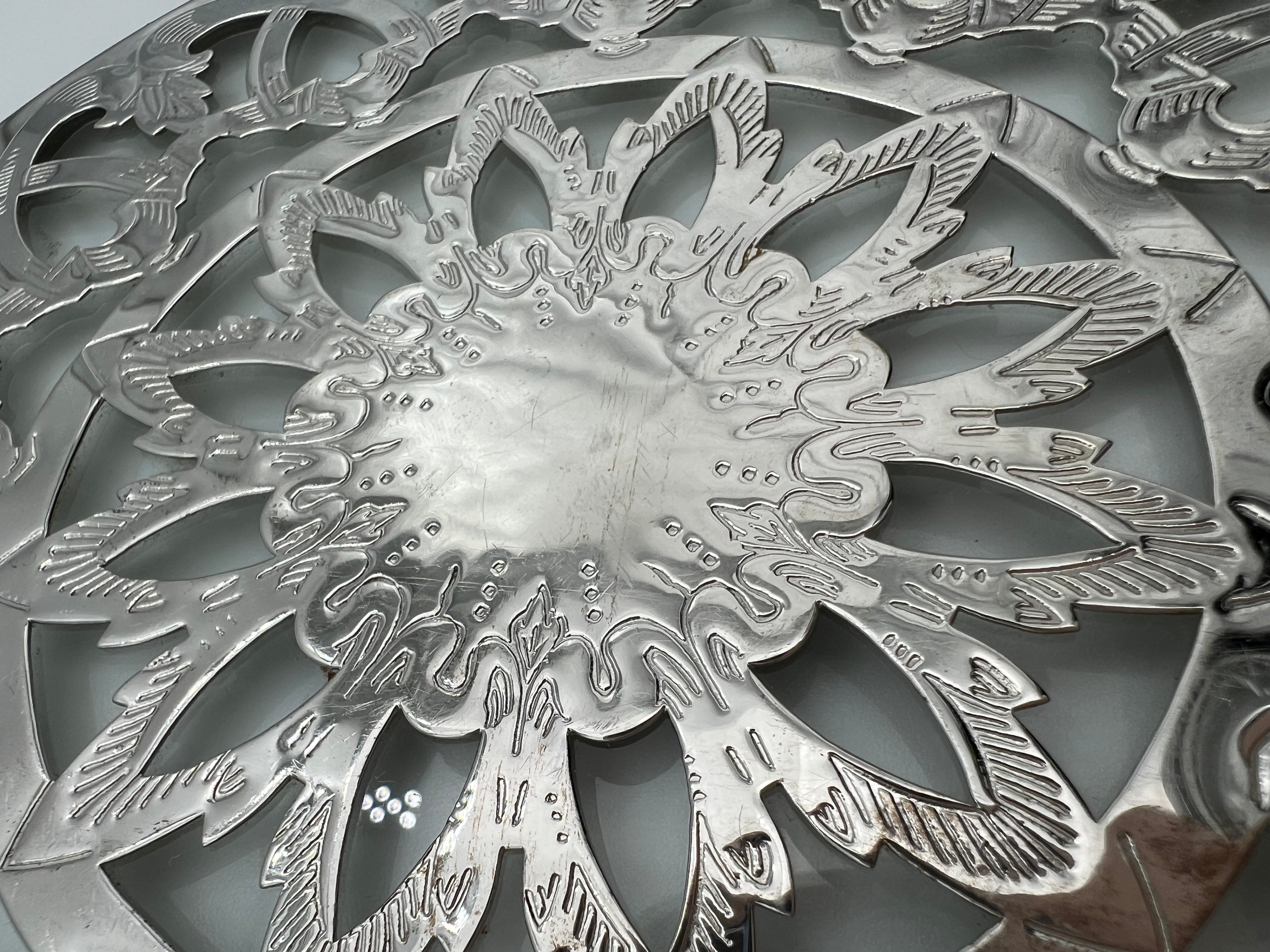VINTAGE GLASS-BACKED SILVER-PLATE TRIVET — PIERCED FLORAL DESIGN, LIKELY SPANISH, MID-CENTURY
