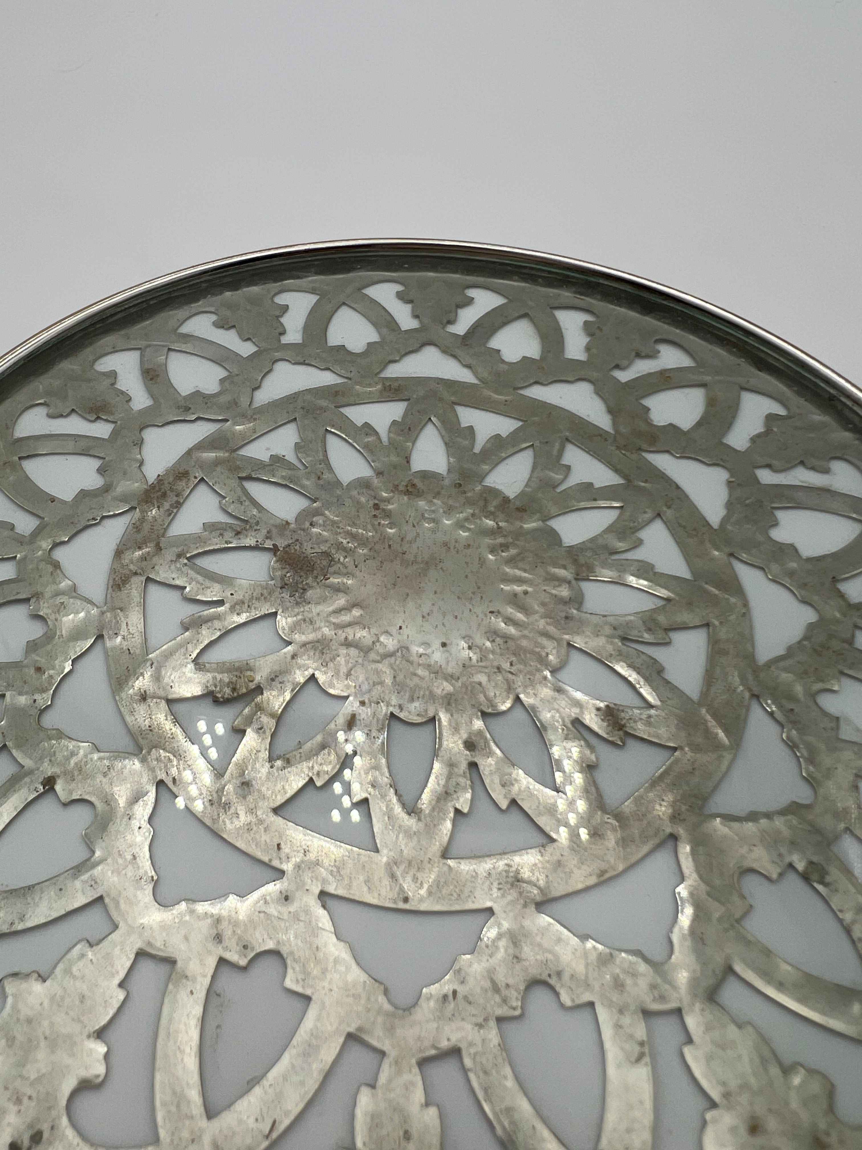 VINTAGE GLASS-BACKED SILVER-PLATE TRIVET — PIERCED FLORAL DESIGN, LIKELY SPANISH, MID-CENTURY