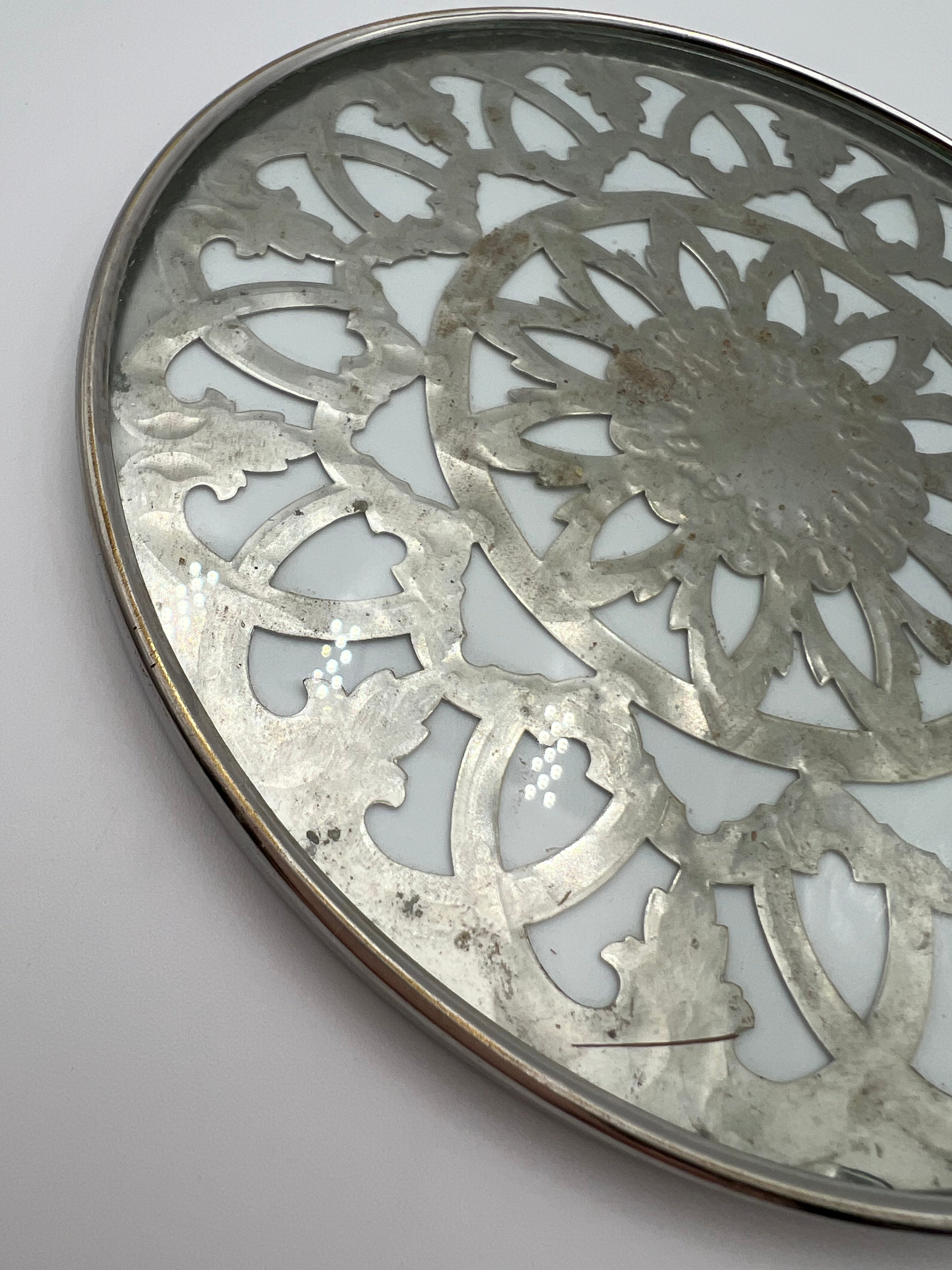 VINTAGE GLASS-BACKED SILVER-PLATE TRIVET — PIERCED FLORAL DESIGN, LIKELY SPANISH, MID-CENTURY