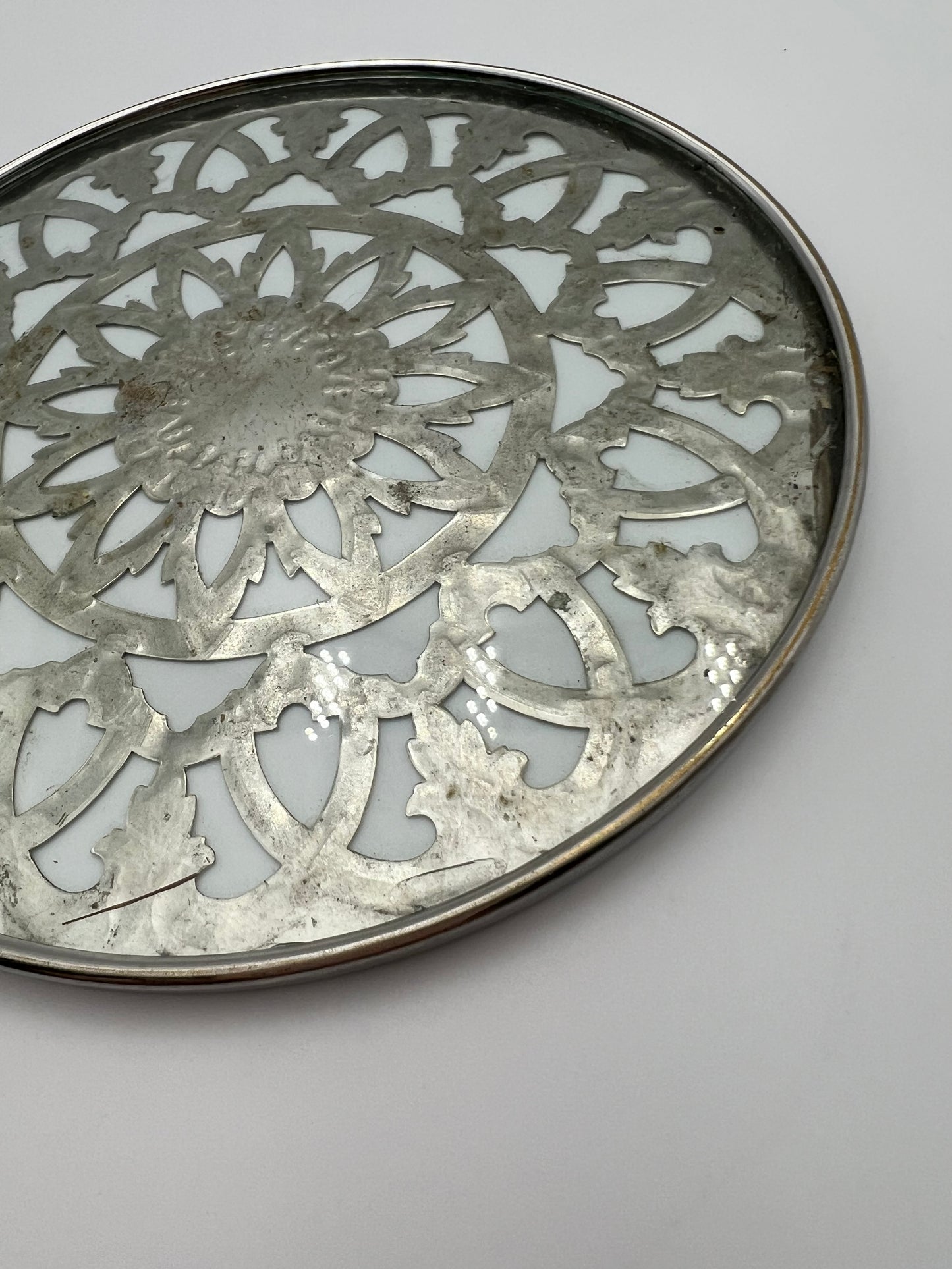 VINTAGE GLASS-BACKED SILVER-PLATE TRIVET — PIERCED FLORAL DESIGN, LIKELY SPANISH, MID-CENTURY