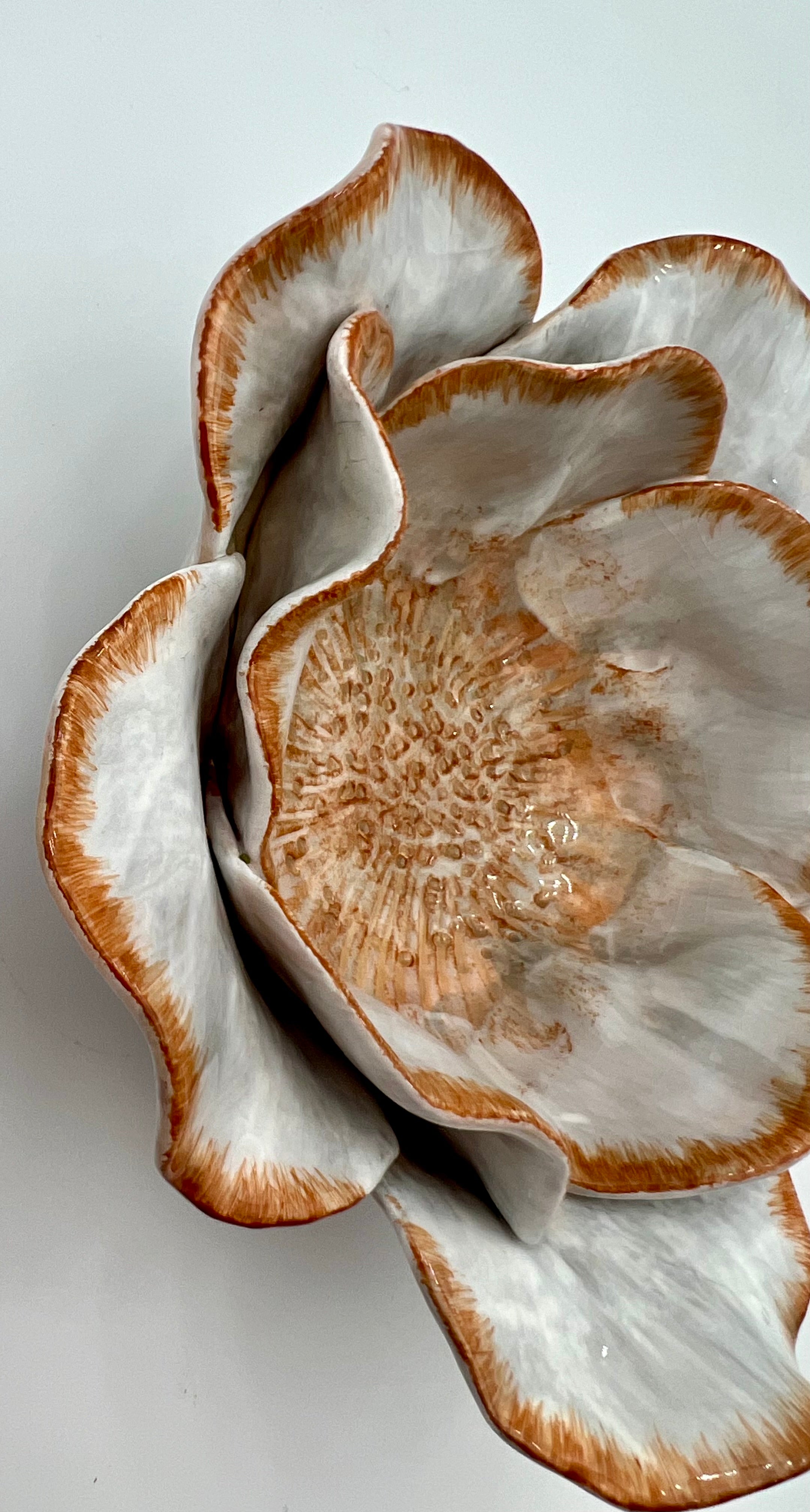 STUDIO Z 2003 CERAMIC FLOWER BOWL – HAND-PAINTED LAYERED PETALS – WHITE & SIENNA GLAZE – SCULPTURAL FLORAL DECOR