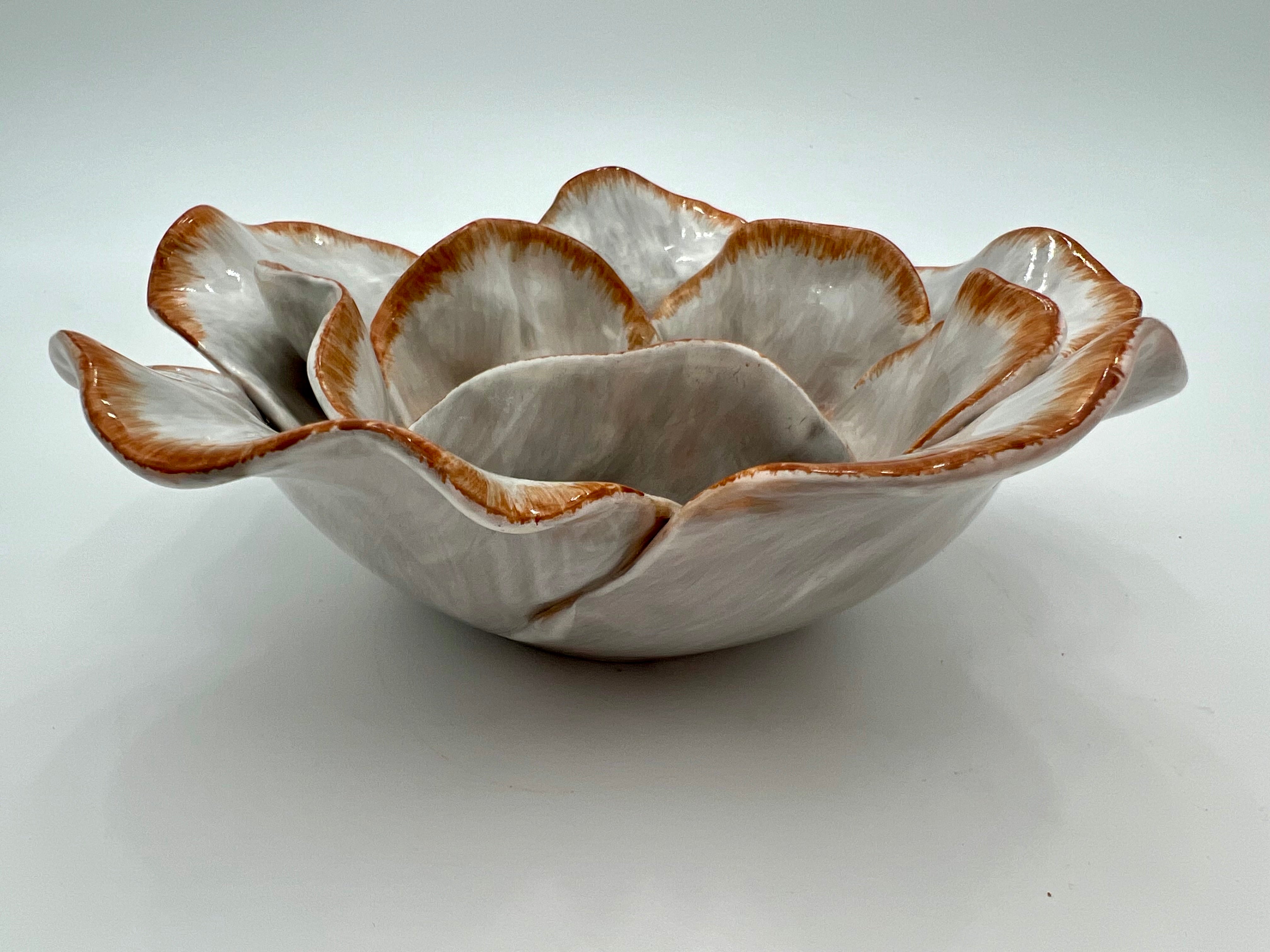 STUDIO Z 2003 CERAMIC FLOWER BOWL – HAND-PAINTED LAYERED PETALS – WHITE & SIENNA GLAZE – SCULPTURAL FLORAL DECOR