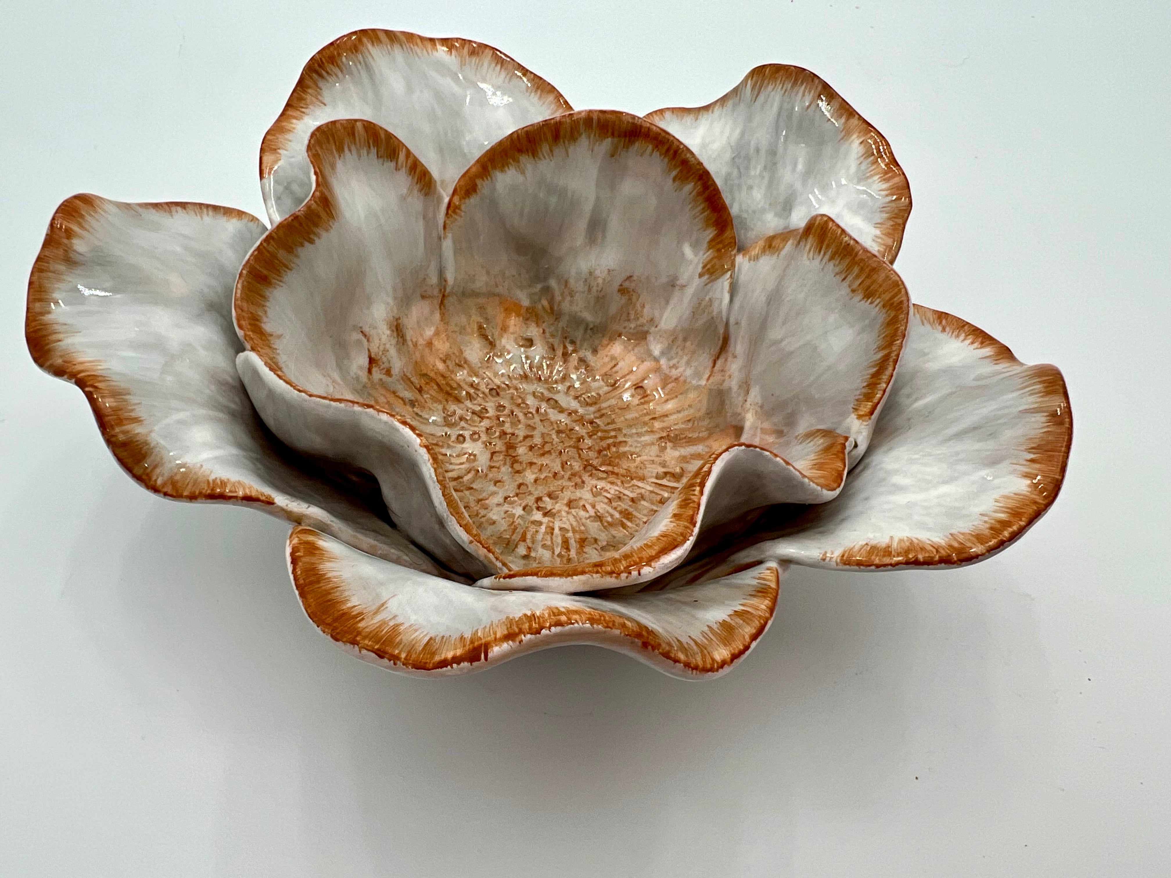 STUDIO Z 2003 CERAMIC FLOWER BOWL – HAND-PAINTED LAYERED PETALS – WHITE & SIENNA GLAZE – SCULPTURAL FLORAL DECOR