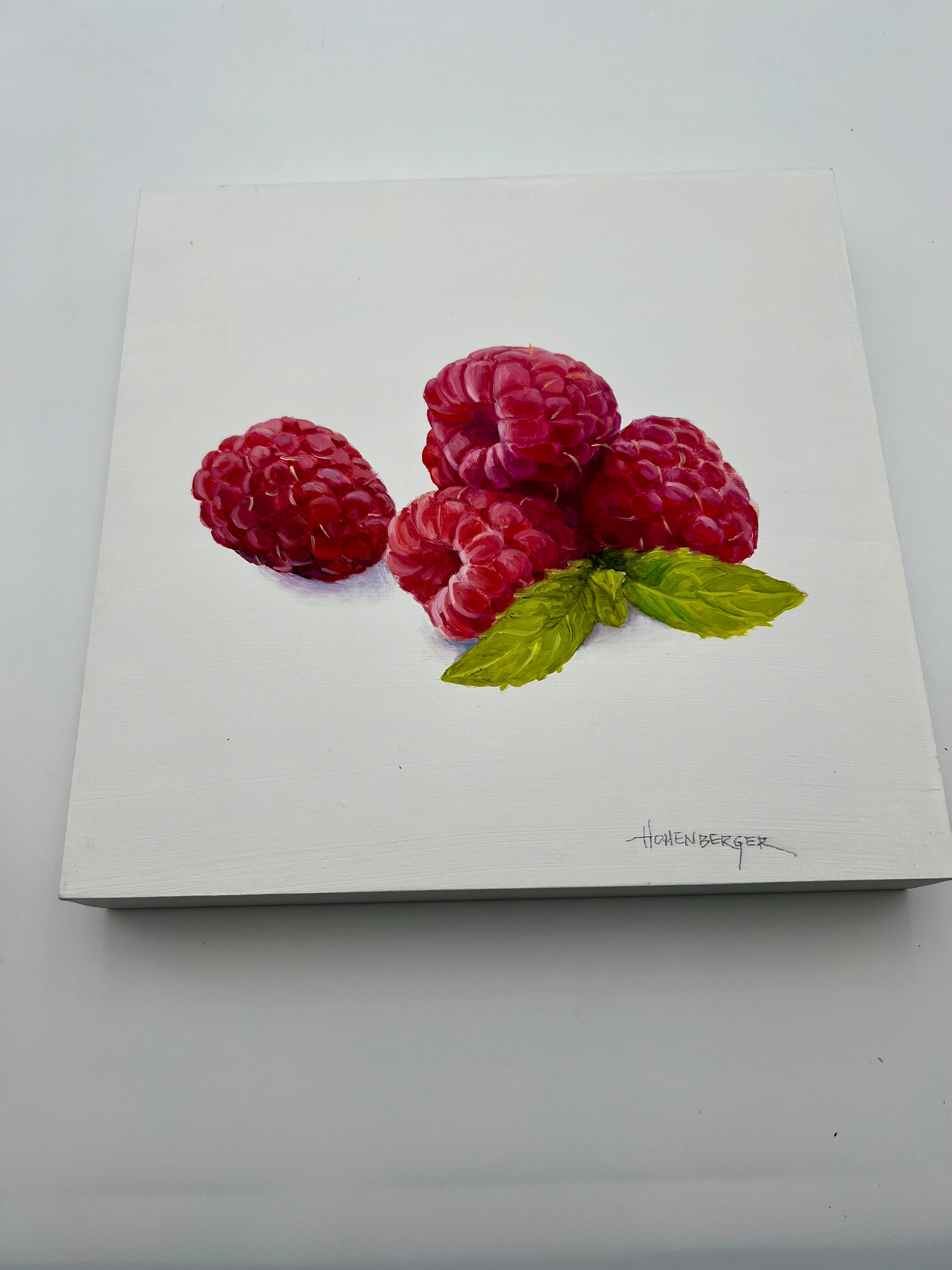 SIGNED ROSE HOHENBERGER (HOUSTON, TEXAS) FRUIT STILL LIFE PANEL SERIES — SET OF FOUR — 12"×12" DEEP-EDGE WOOD PANELS