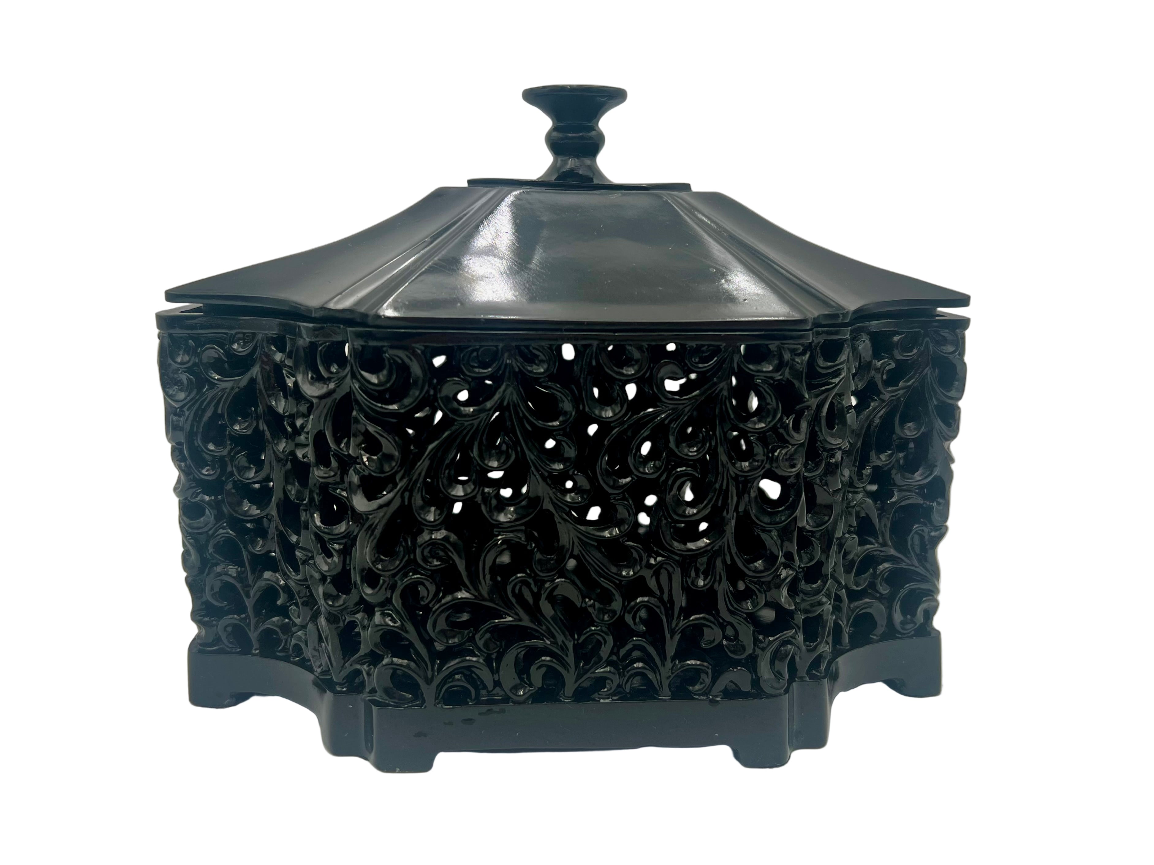 Vintage Black Filigree Jewelry Box with Lid, Hollywood Regency Gothic Decor, Large Pierced Decorative Storage Box, 1970s Vintage Home Accent