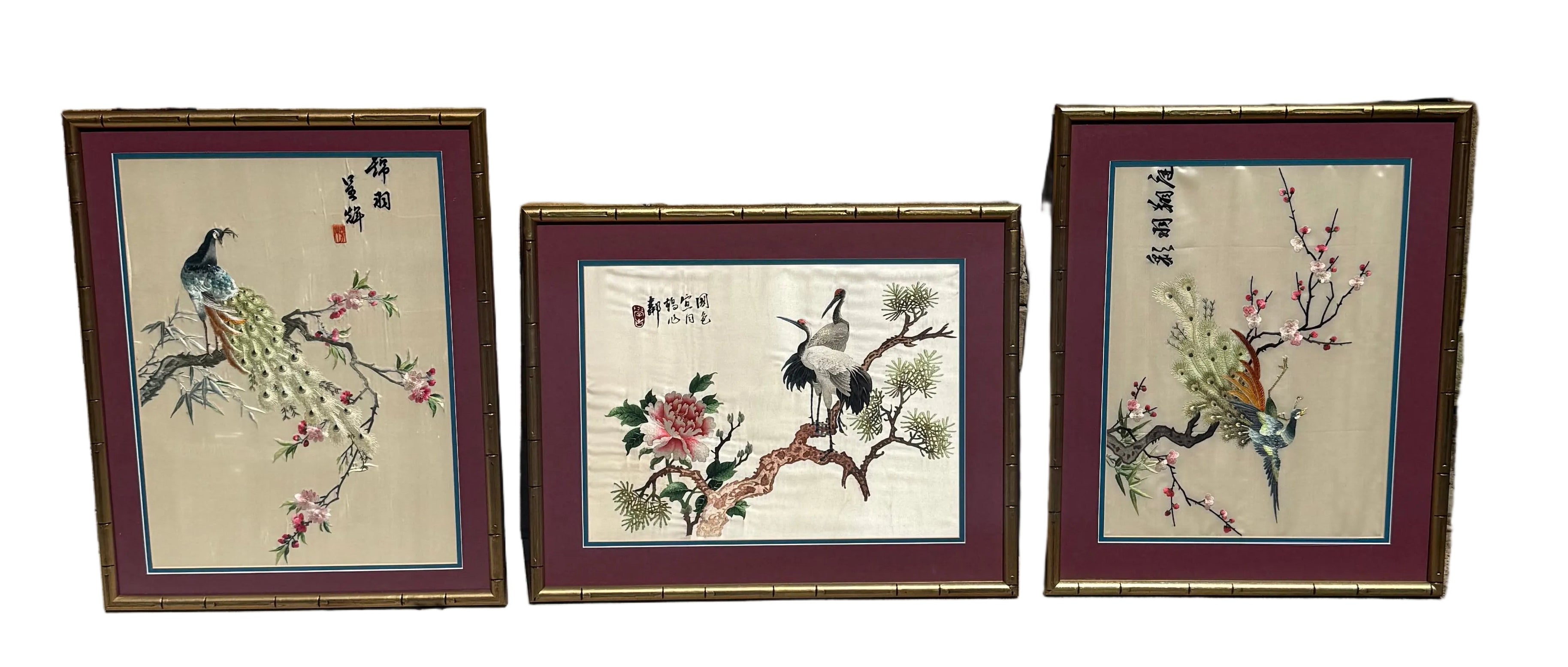 VINTAGE ASIAN EMBROIDERED SILK WALL ART SET OF 3 | FRAMED PEACOCK & CRANE CHINOISERIE TEXTILE PANELS