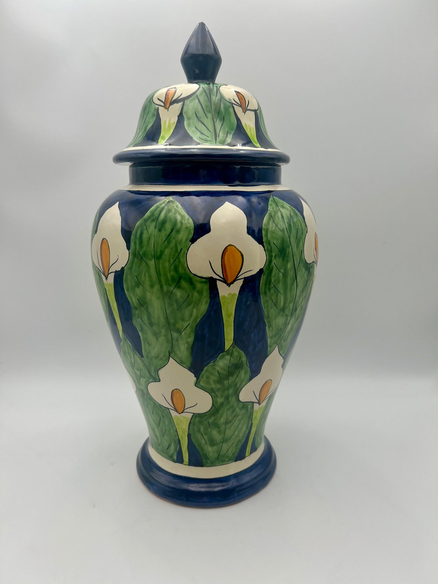 VINTAGE MEXICAN FOLK ART CALLA LILLY HAND PAINTED MORA POTTERY LARGE VASE
