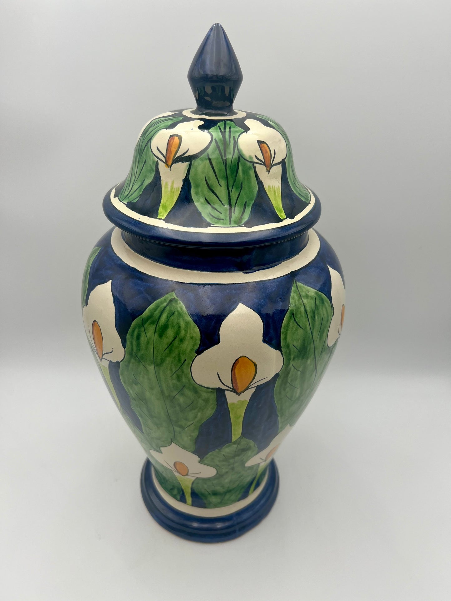 VINTAGE MEXICAN FOLK ART CALLA LILLY HAND PAINTED MORA POTTERY LARGE VASE