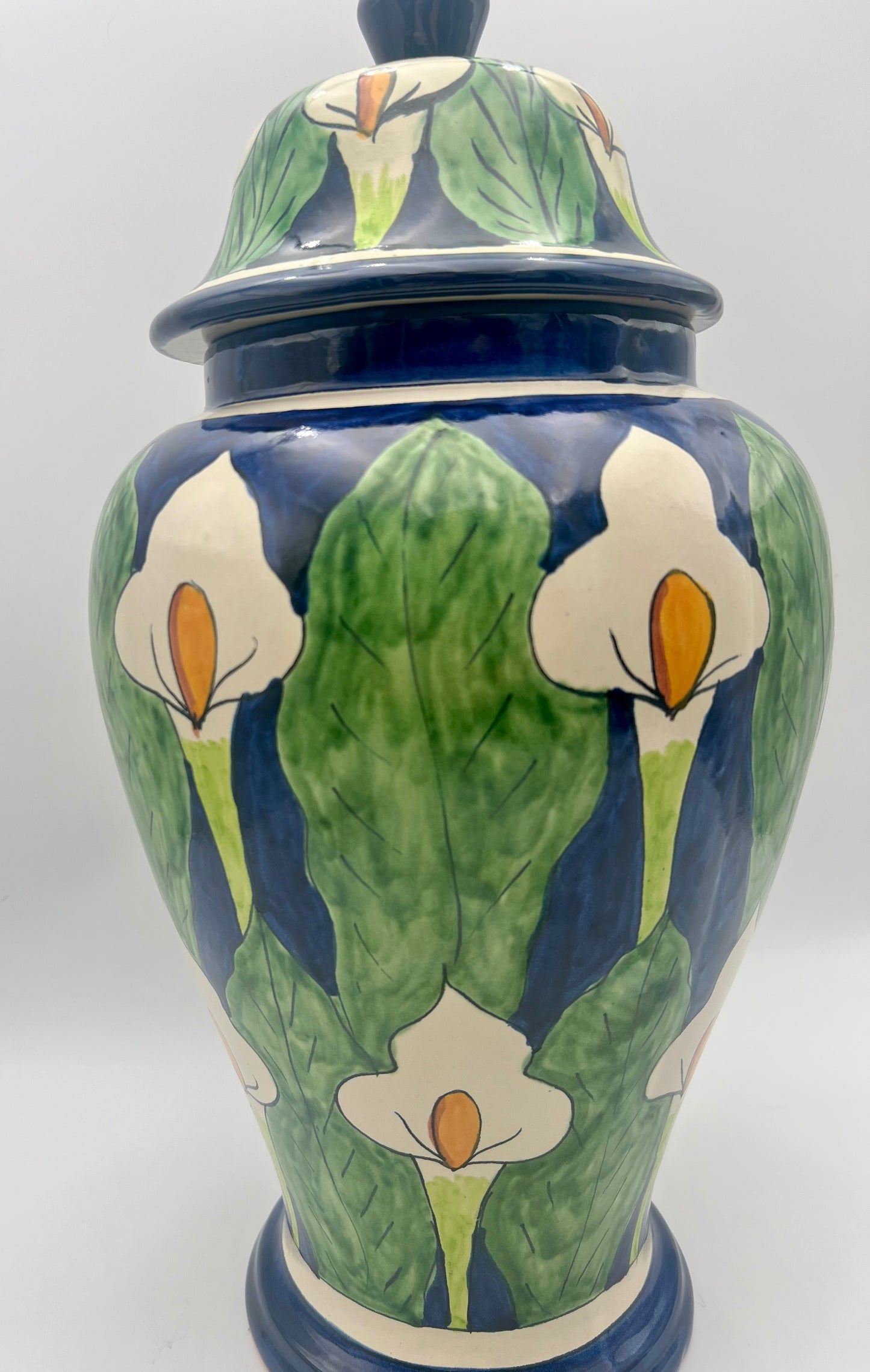 VINTAGE MEXICAN FOLK ART CALLA LILLY HAND PAINTED MORA POTTERY LARGE VASE