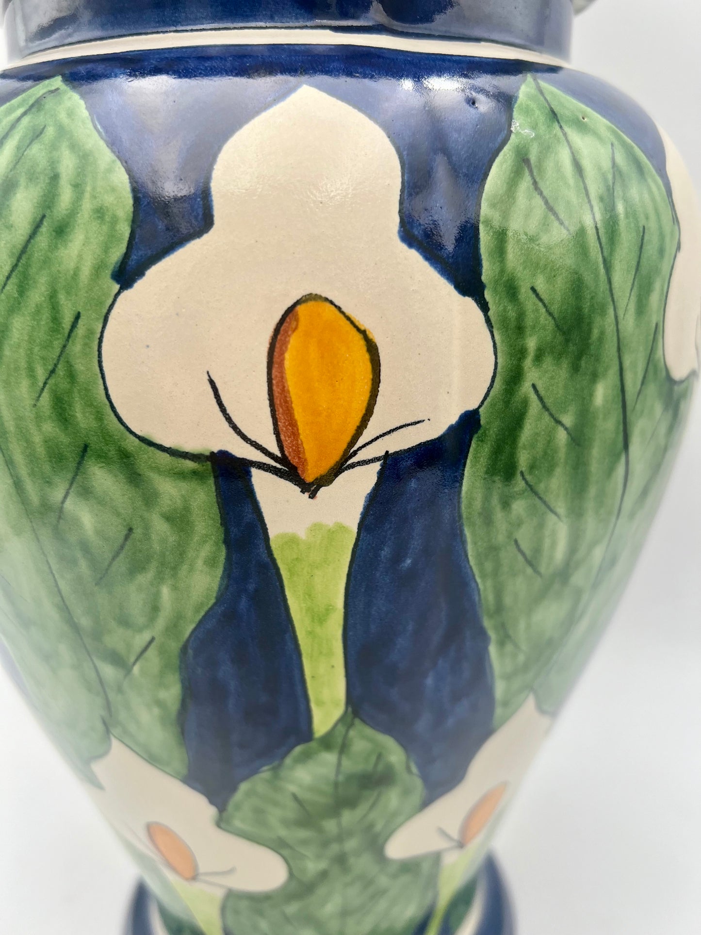 VINTAGE MEXICAN FOLK ART CALLA LILLY HAND PAINTED MORA POTTERY LARGE VASE