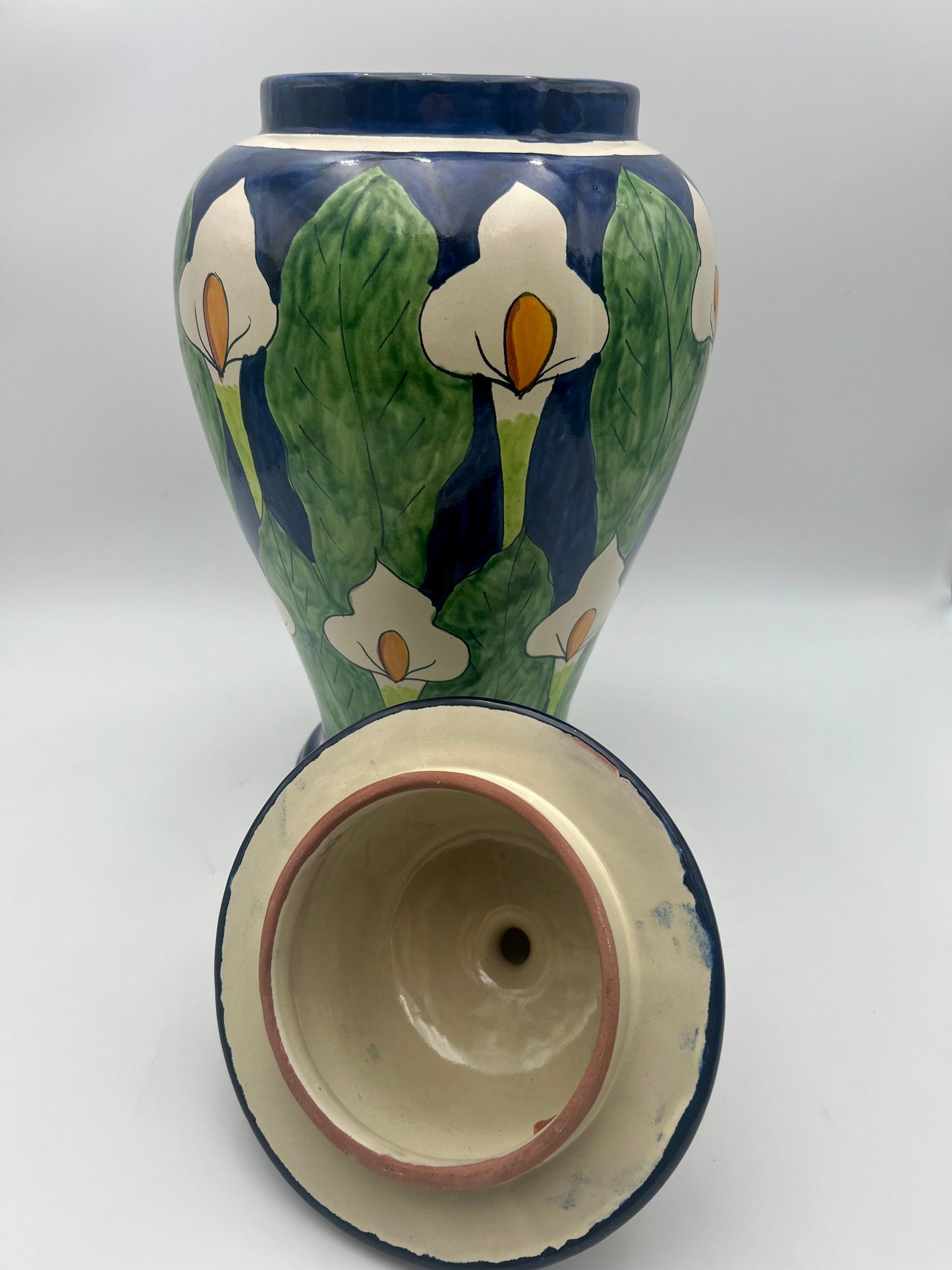 VINTAGE MEXICAN FOLK ART CALLA LILLY HAND PAINTED MORA POTTERY LARGE VASE