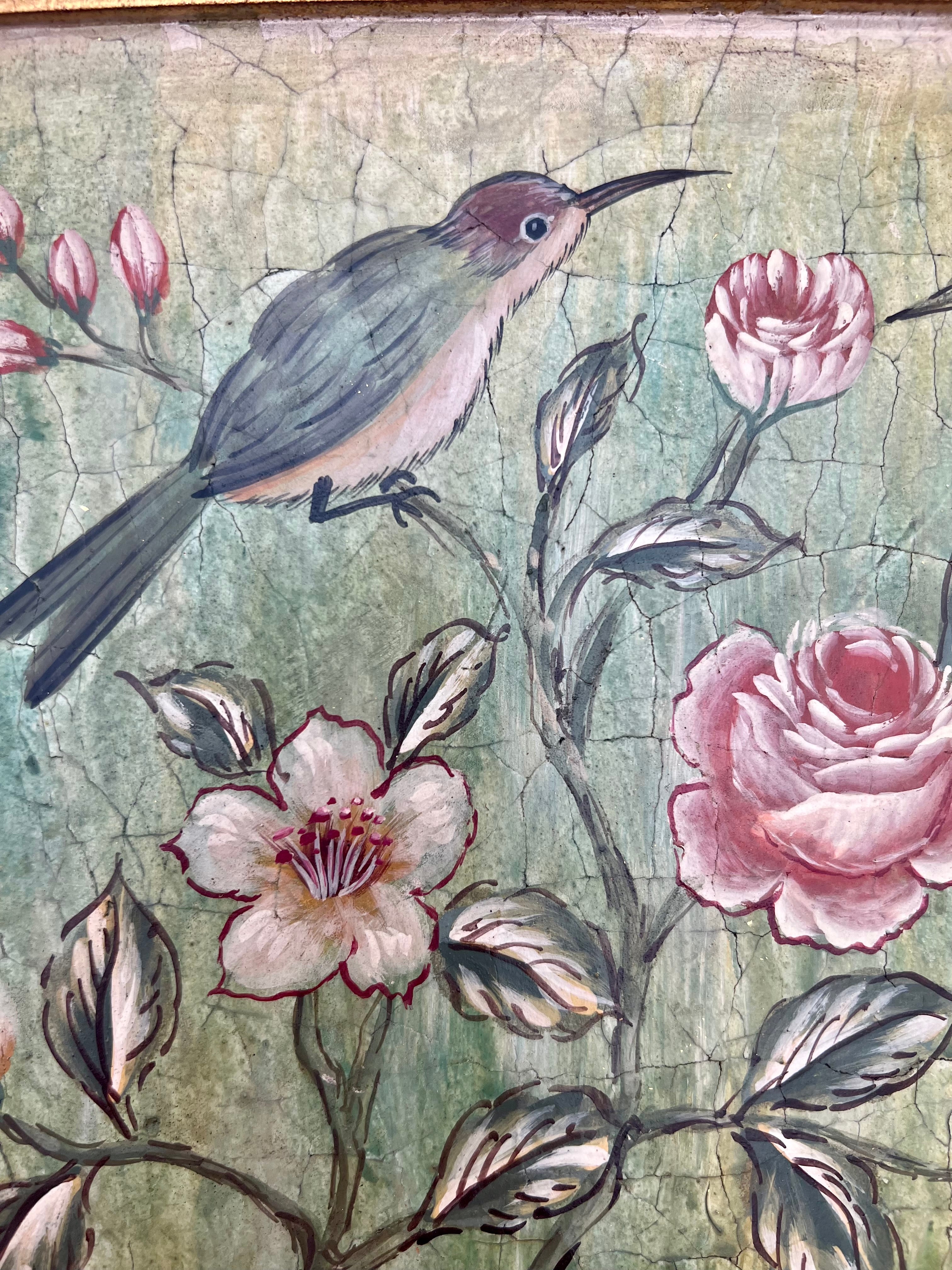 VINTAGE FRAMED HUMMINGBIRD FLORAL WALL ART GOLD FRAME CRACKLED FINISH