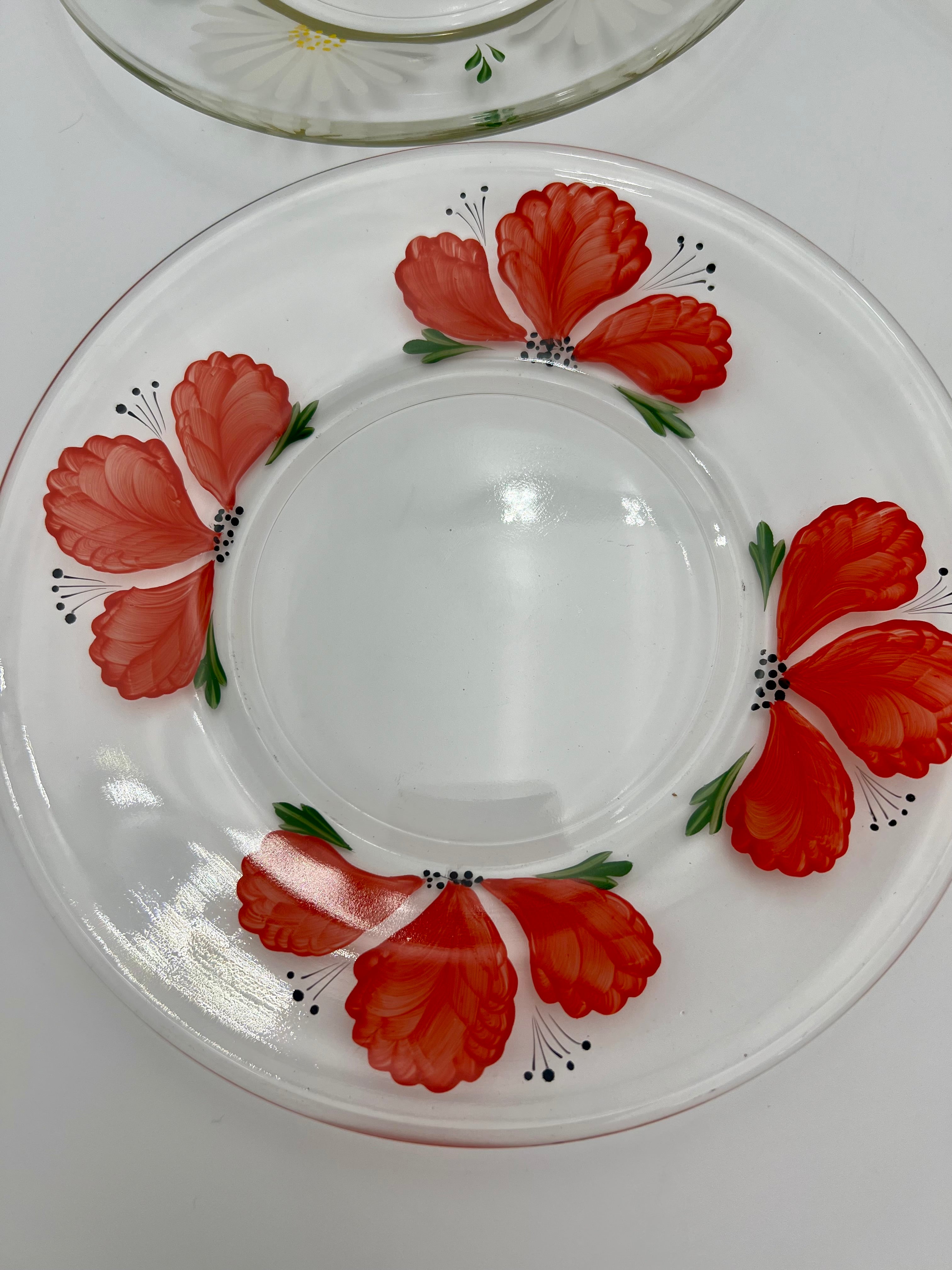 VINTAGE 1970s HAND-PAINTED FLORAL GLASS PLATE SET – MADE IN JAPAN – SET OF 6