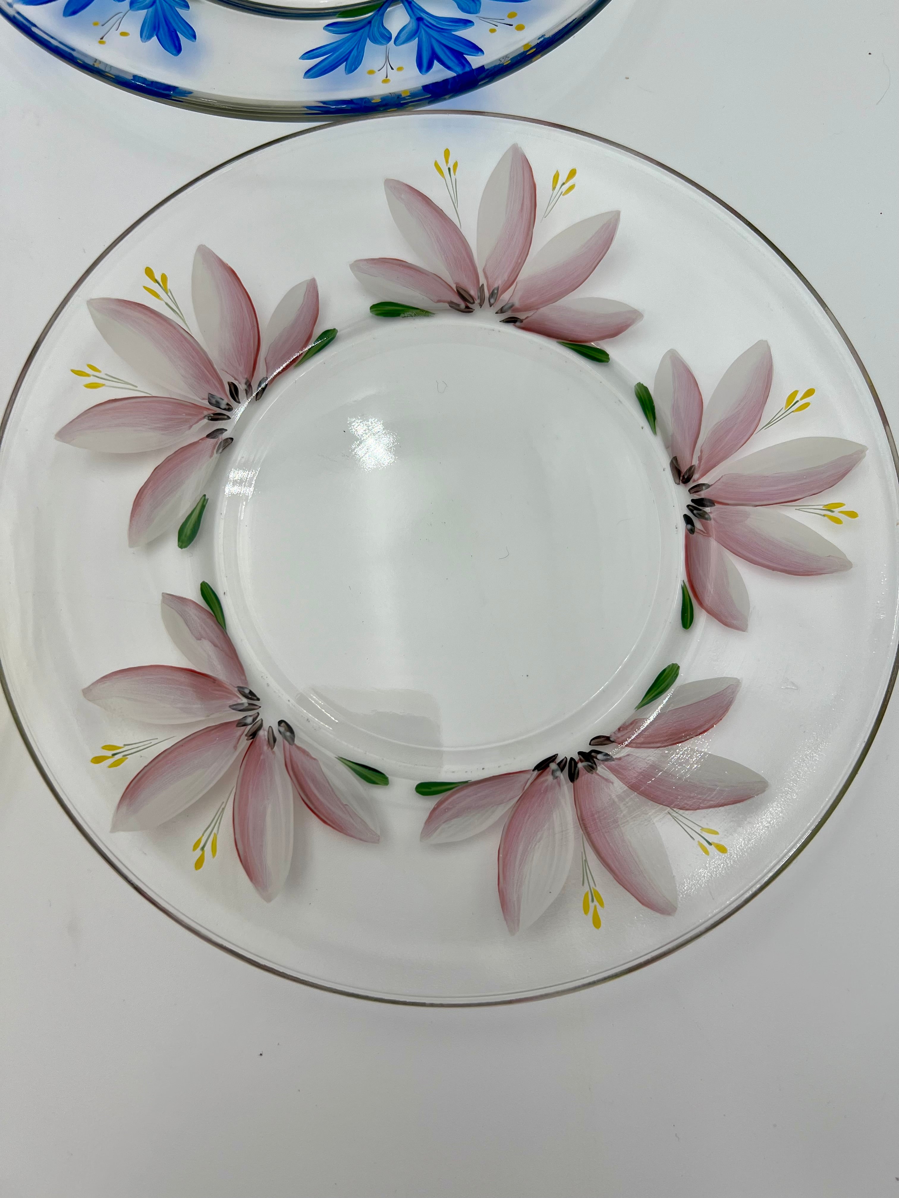 VINTAGE 1970s HAND-PAINTED FLORAL GLASS PLATE SET – MADE IN JAPAN – SET OF 6