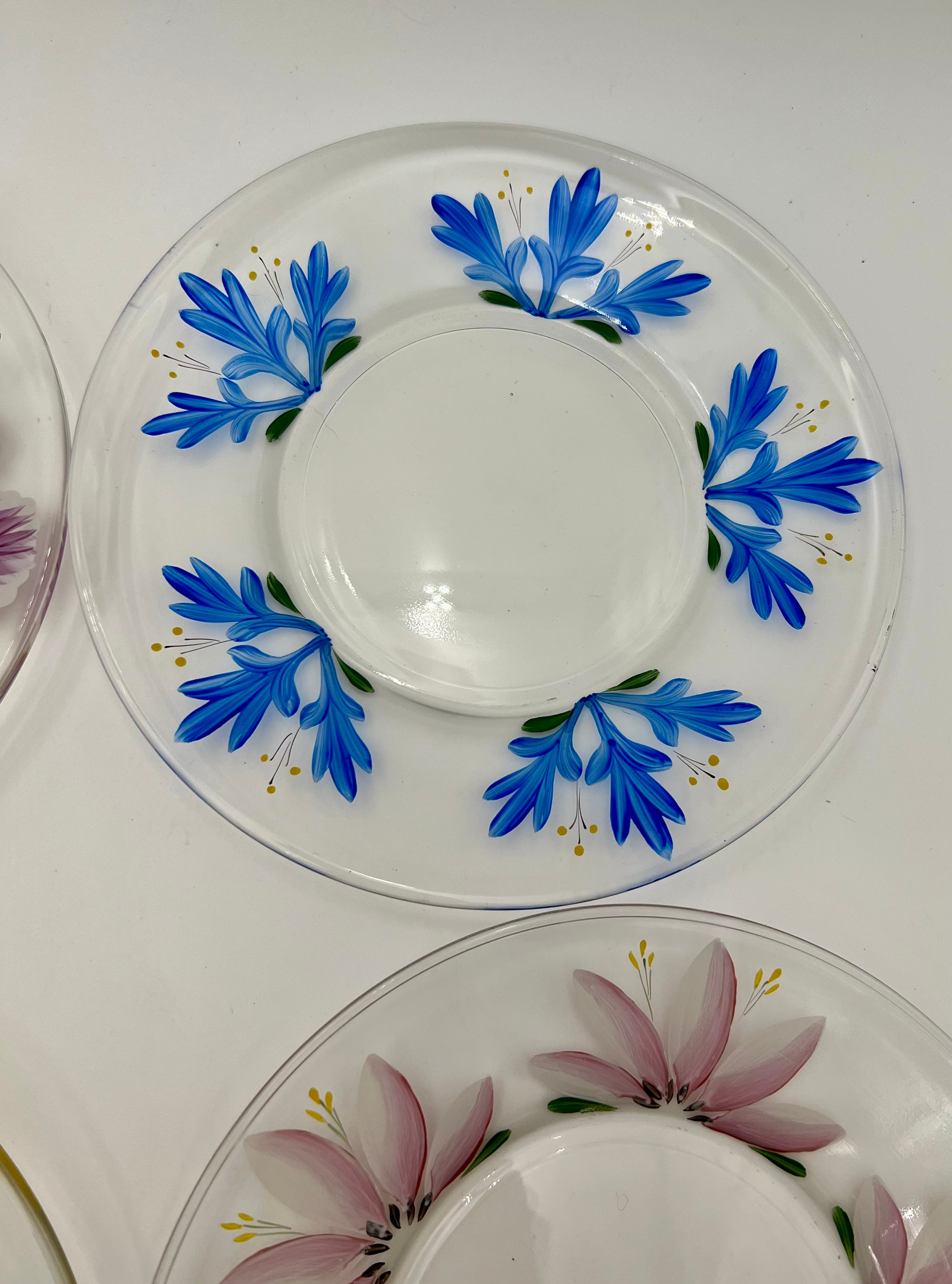 VINTAGE 1970s HAND-PAINTED FLORAL GLASS PLATE SET – MADE IN JAPAN – SET OF 6