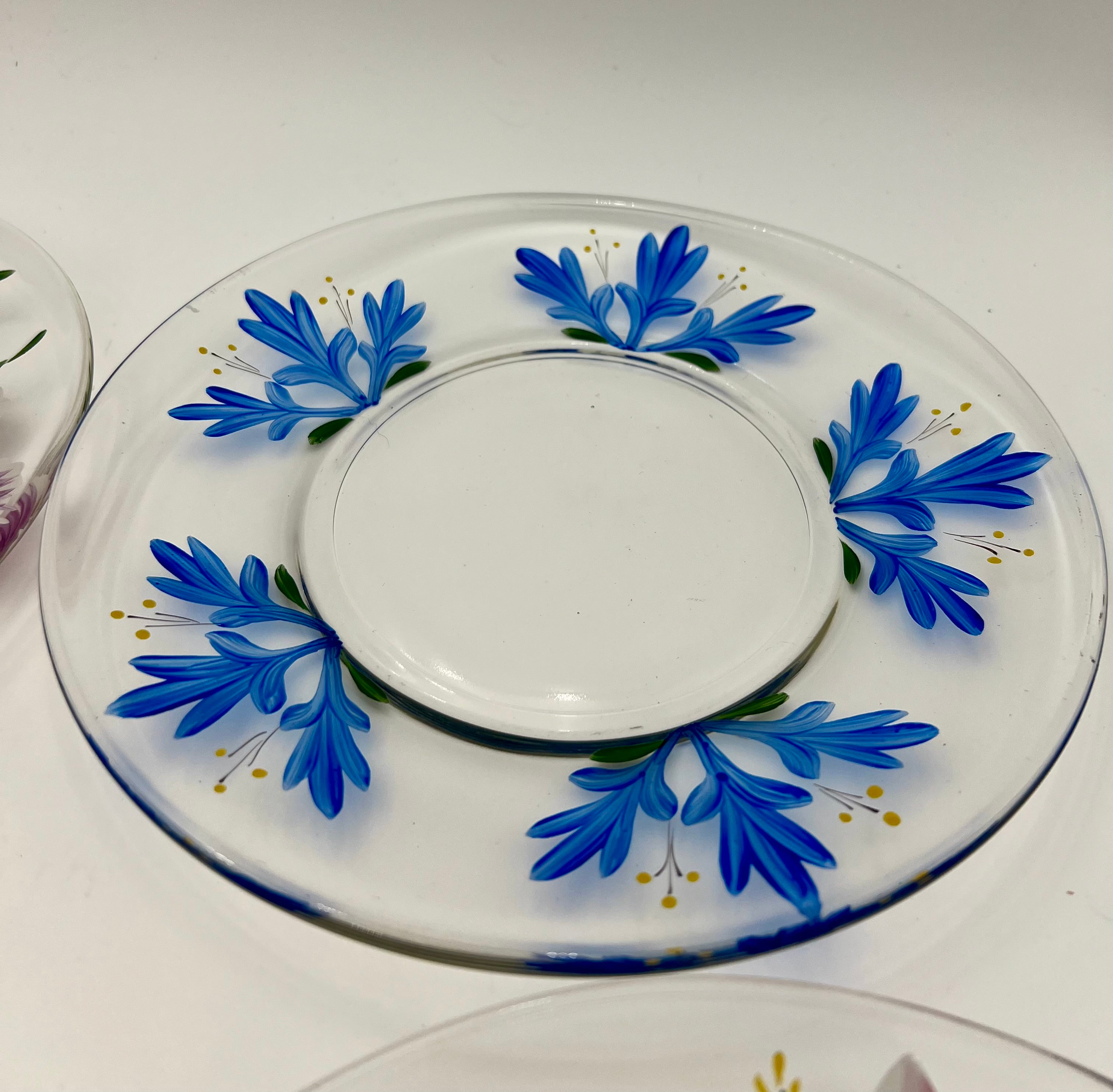VINTAGE 1970s HAND-PAINTED FLORAL GLASS PLATE SET – MADE IN JAPAN – SET OF 6