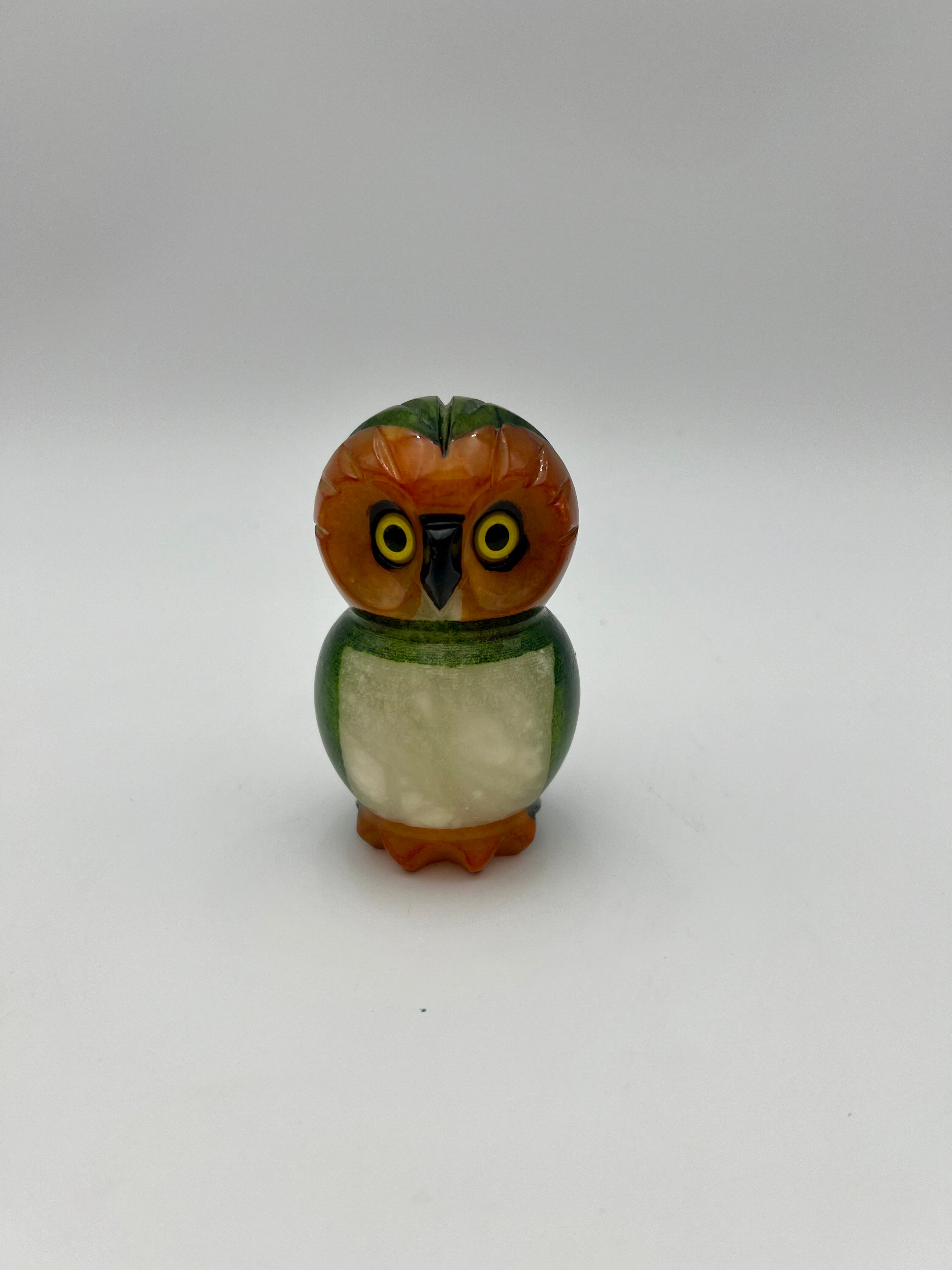 VINTAGE DUCCESCHI ITALIAN ALABASTER OWL • HAND CARVED & HAND PAINTED • MID CENTURY VOLTERRA STONE FIGURINE • GREEN & ORANGE ALABASTER BIRD