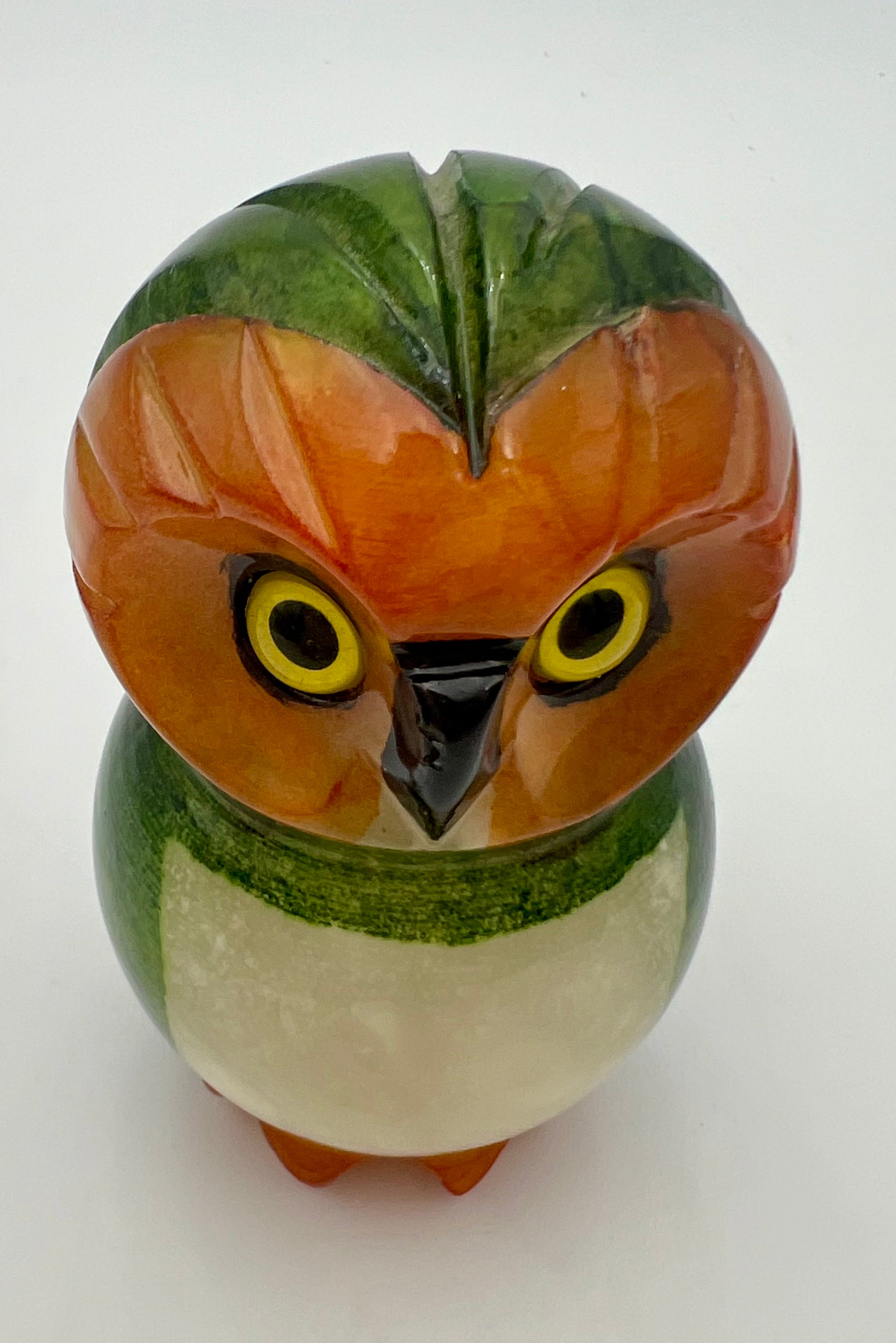 VINTAGE DUCCESCHI ITALIAN ALABASTER OWL • HAND CARVED & HAND PAINTED • MID CENTURY VOLTERRA STONE FIGURINE • GREEN & ORANGE ALABASTER BIRD