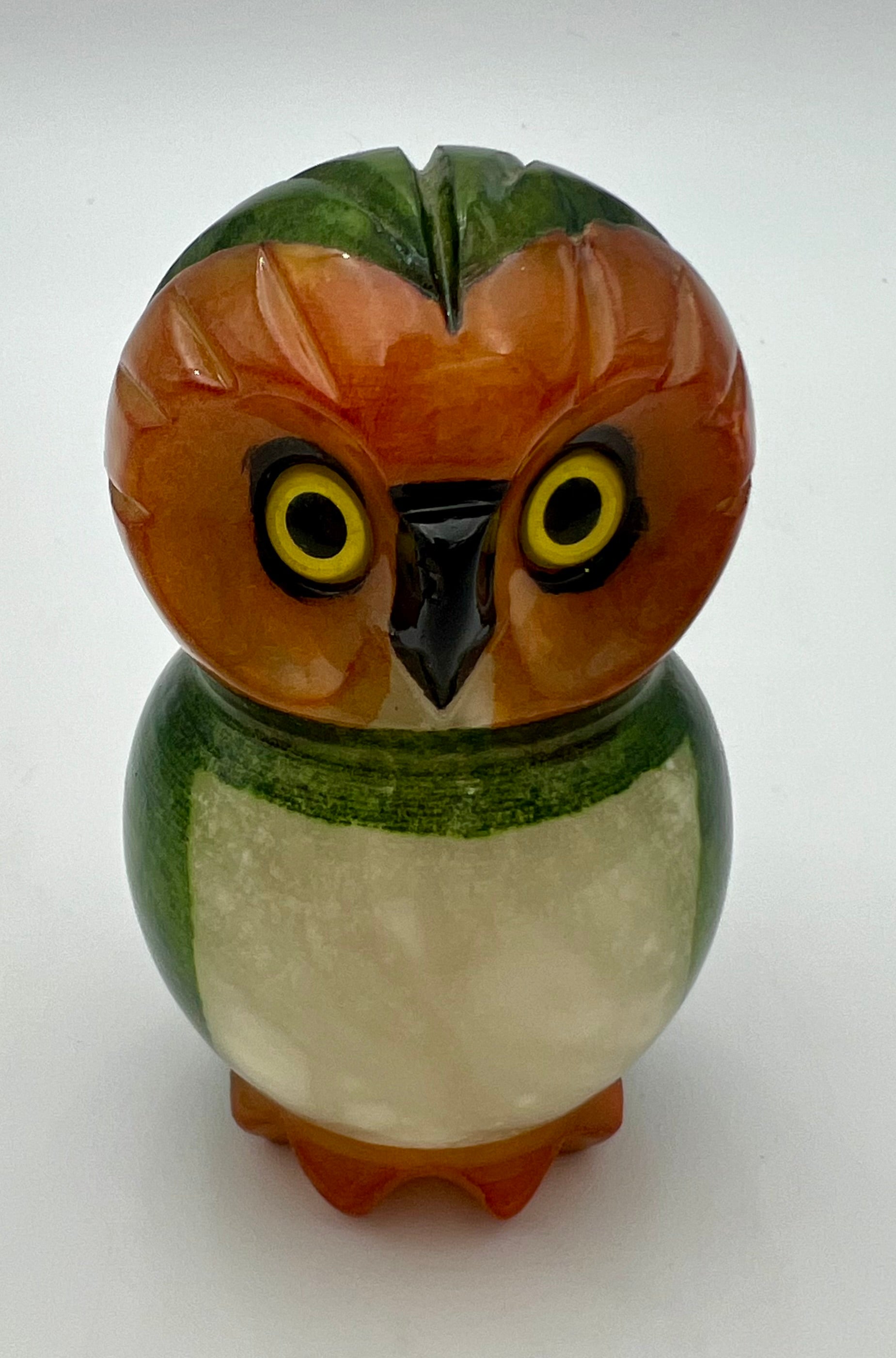 VINTAGE DUCCESCHI ITALIAN ALABASTER OWL • HAND CARVED & HAND PAINTED • MID CENTURY VOLTERRA STONE FIGURINE • GREEN & ORANGE ALABASTER BIRD