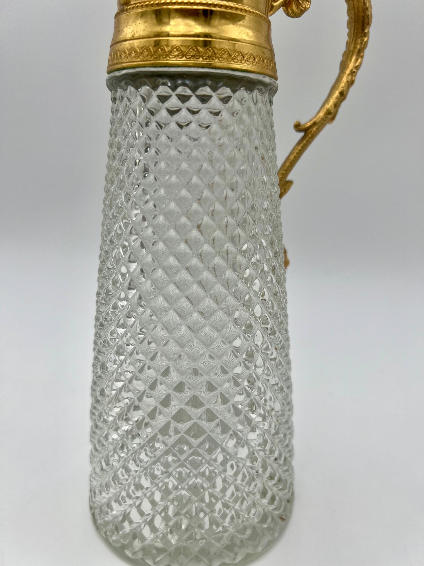 ANTIQUE ART DECO DIAMOND TIP CRYSTAL AND GILT LION HEAD HANDLE JUG, CIRCA 1930’S
