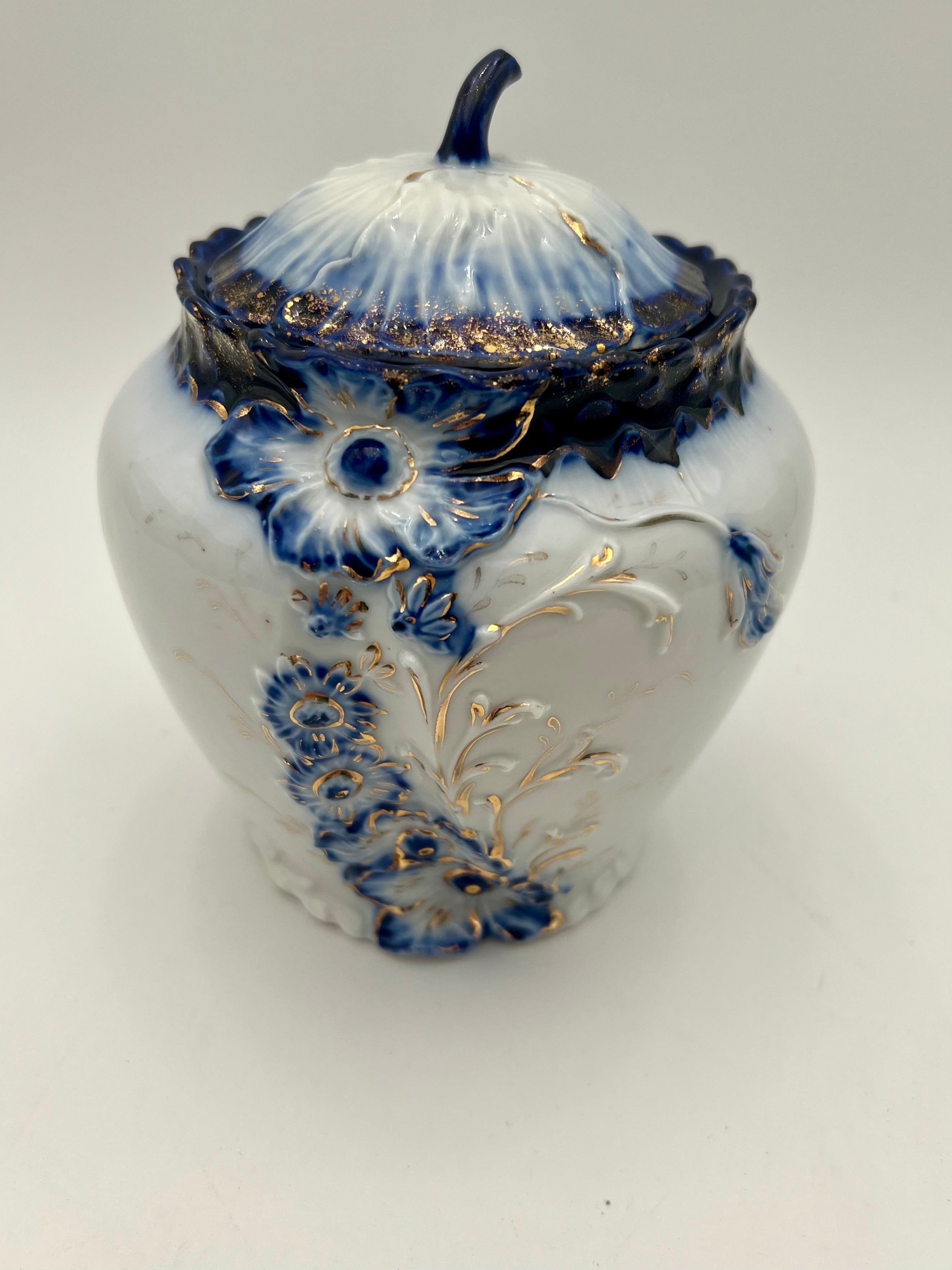 ANTIQUE COBALT BLUE & GOLD GILT PORCELAIN BISCUIT JAR WITH FLORAL RELIEF