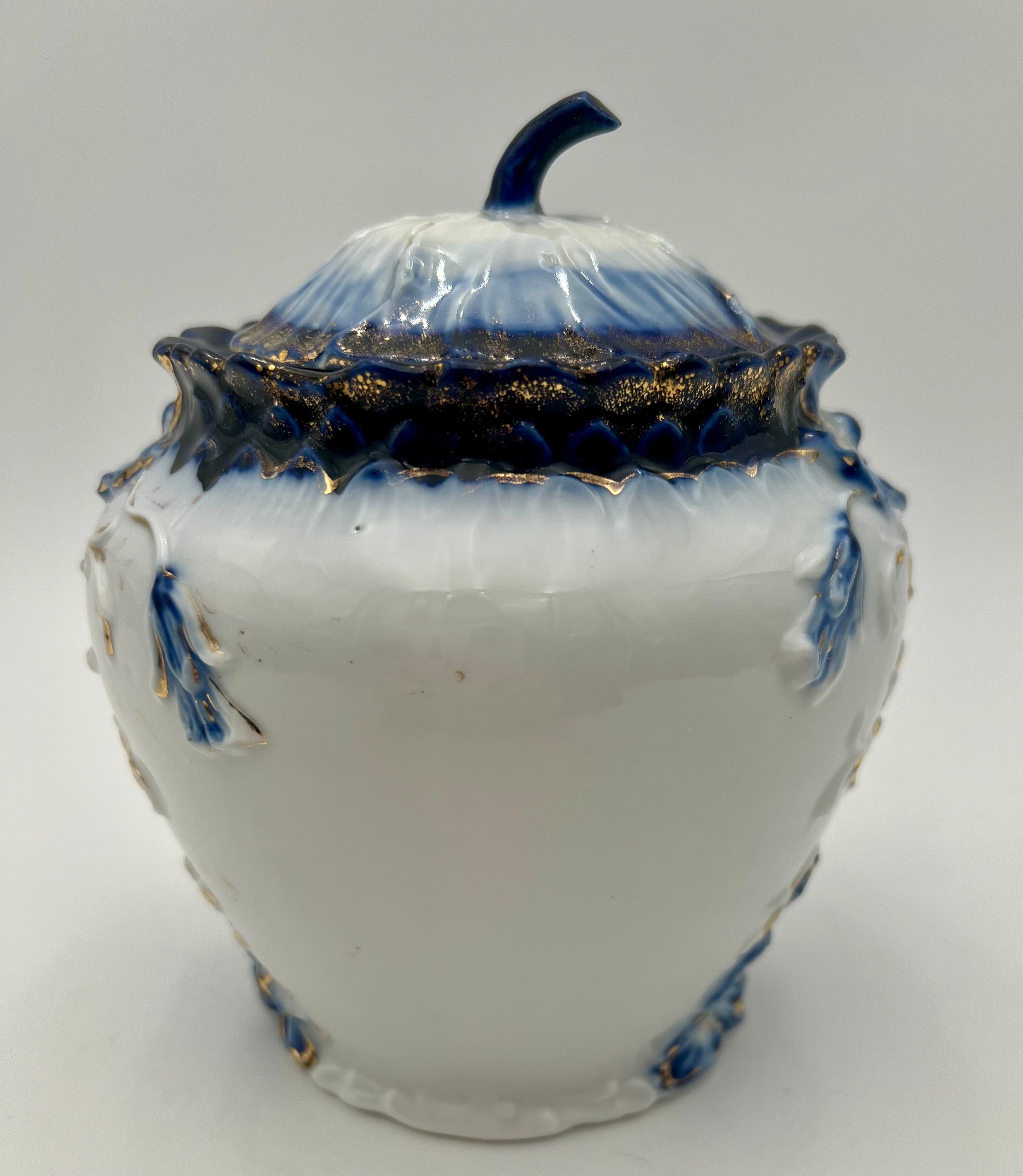 ANTIQUE COBALT BLUE & GOLD GILT PORCELAIN BISCUIT JAR WITH FLORAL RELIEF
