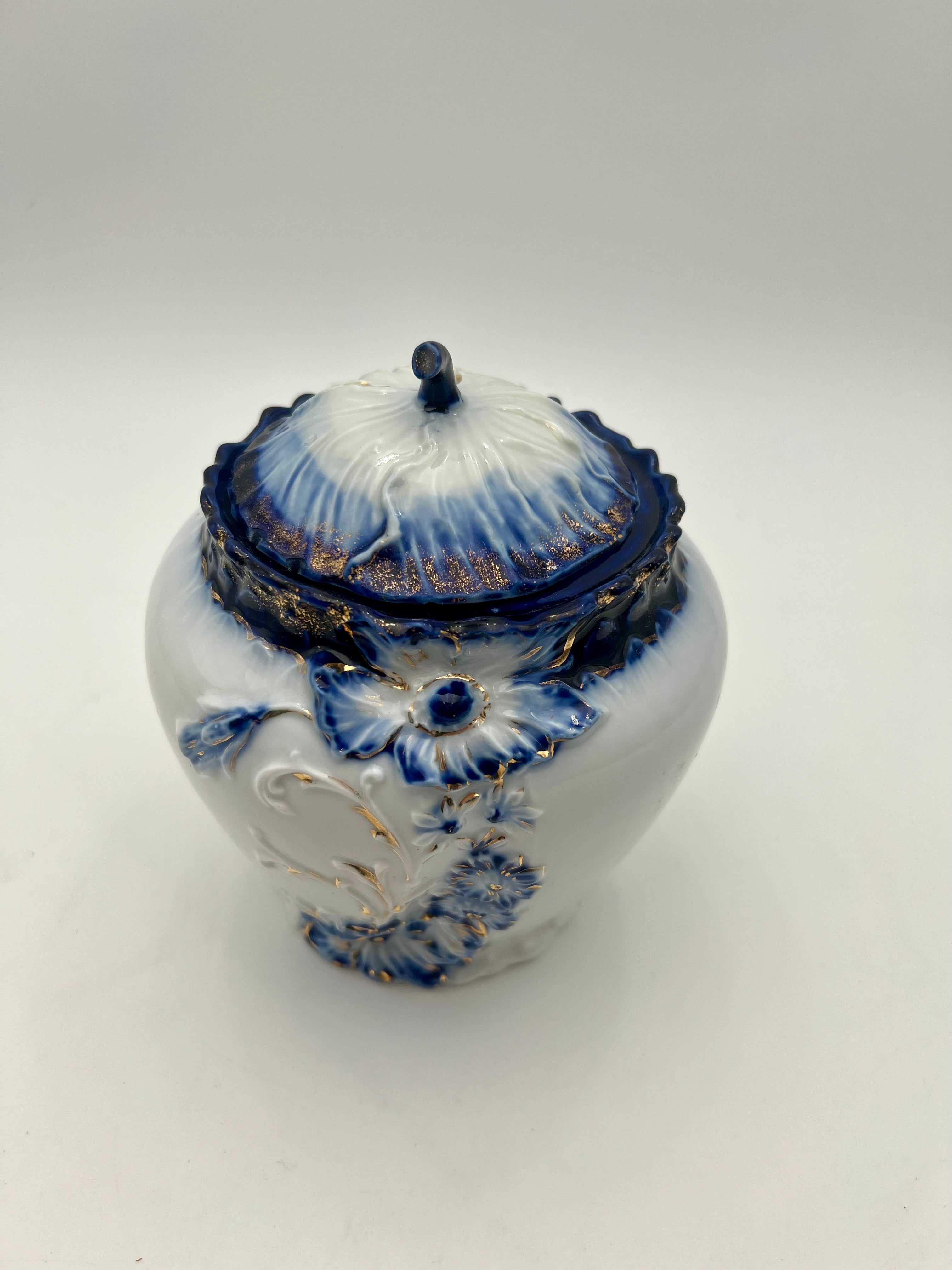 ANTIQUE COBALT BLUE & GOLD GILT PORCELAIN BISCUIT JAR WITH FLORAL RELIEF