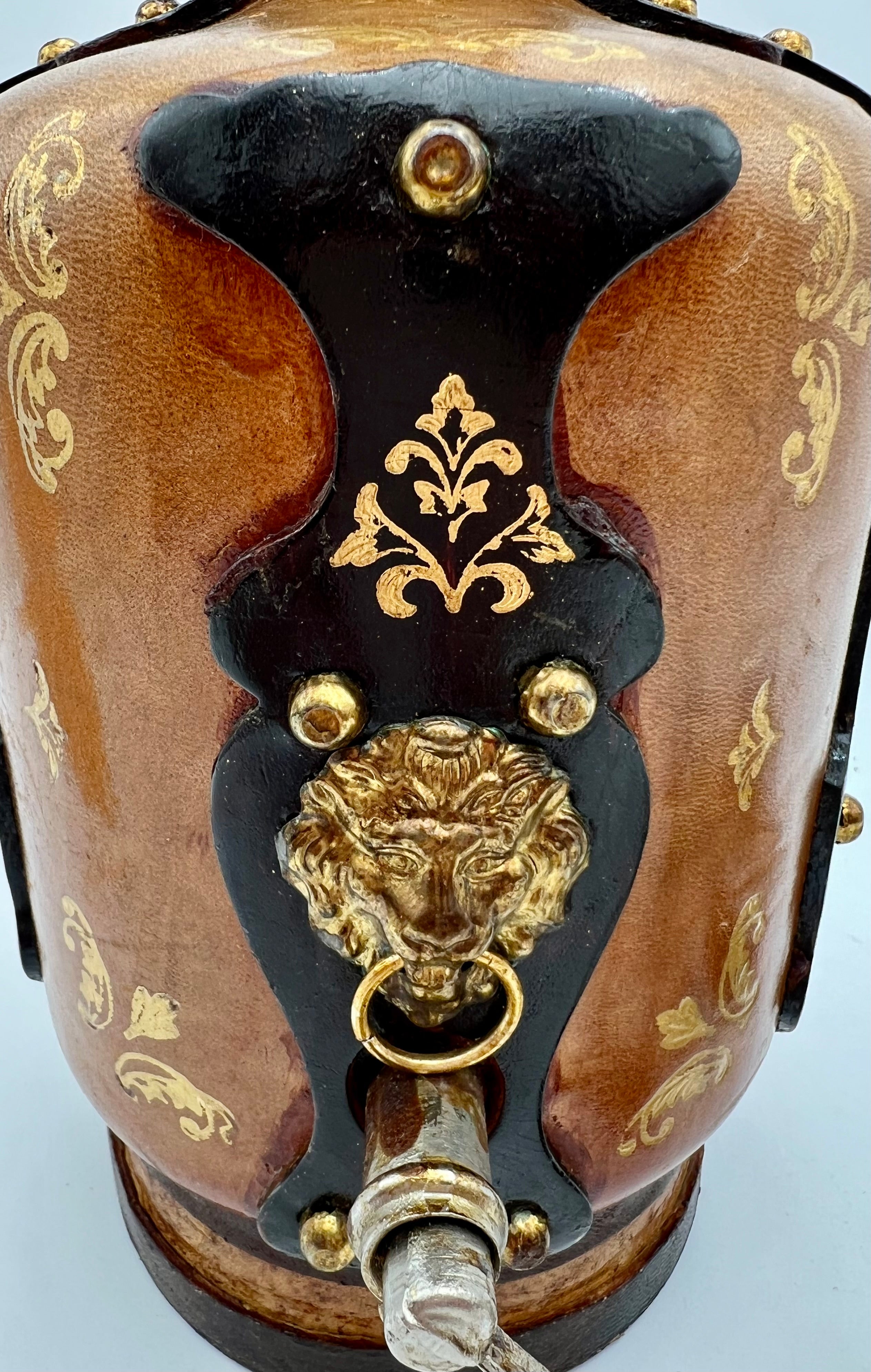 VINTAGE ITALIAN LEATHER-WRAPPED DECANTER SET WITH LION SPIGOT