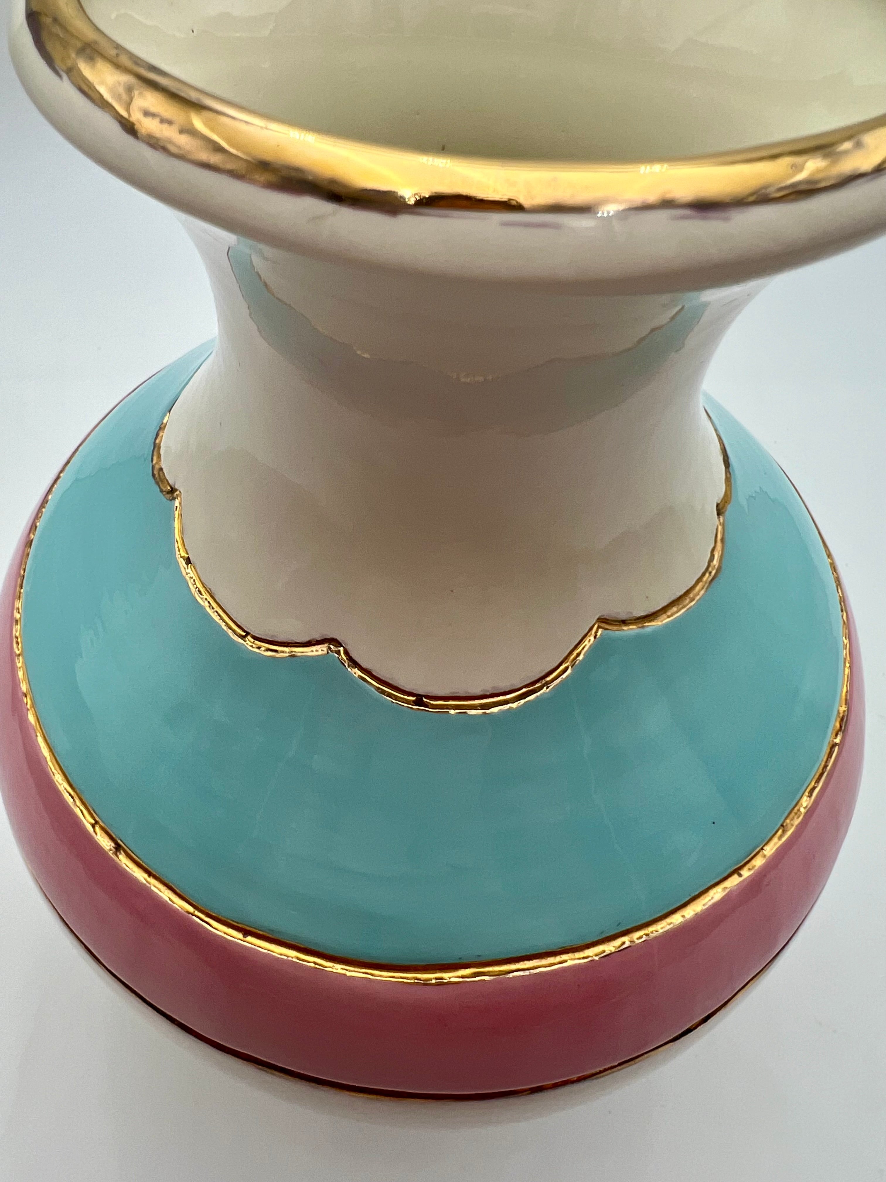 VINTAGE HOLLYWOOD REGENCY PORCELAIN VASE TURQUOISE PINK GOLD MID CENTURY DECOR