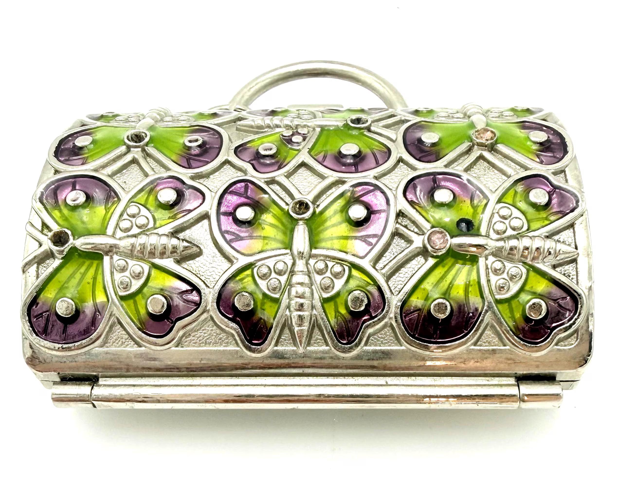 JUDITH LEIBER BUTTERFLY MINAUDIÈRE COMPACT FOR NEIMAN MARCUS – VINTAGE ENAMEL RHINESTONE MINI PURSE TRINKET BOX