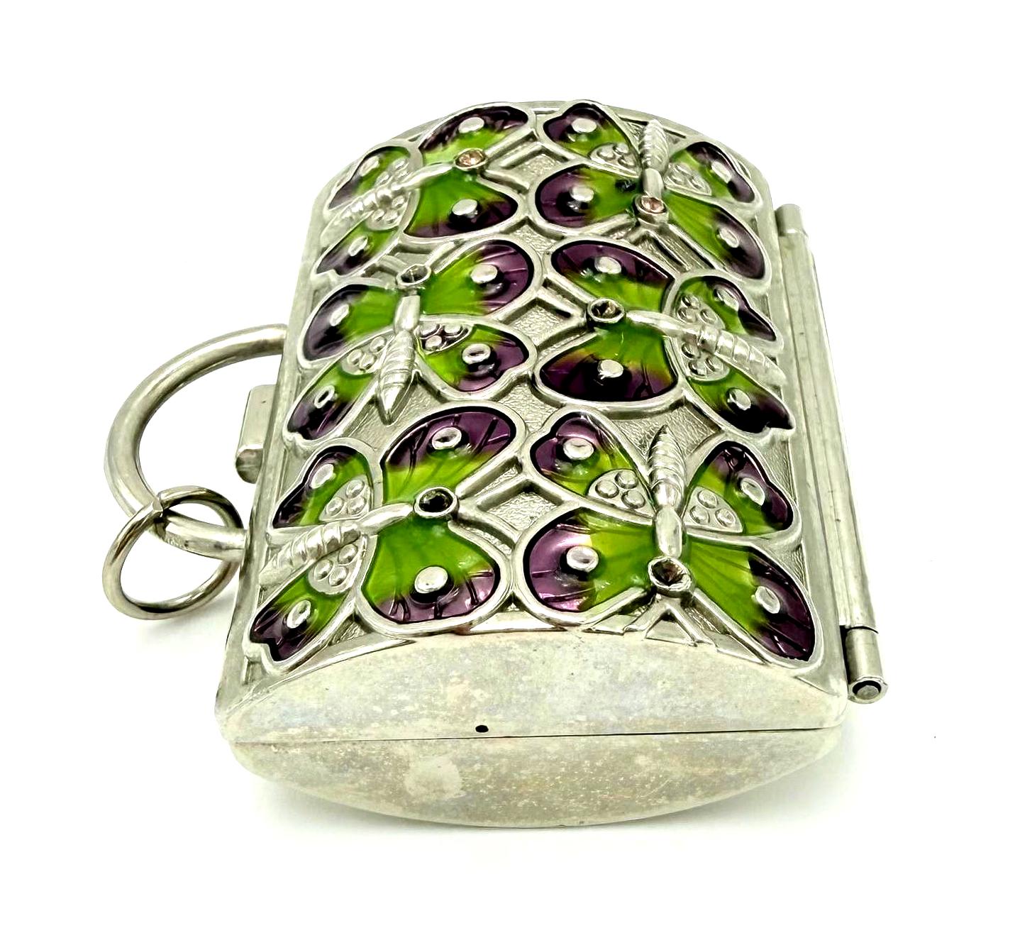 JUDITH LEIBER BUTTERFLY MINAUDIÈRE COMPACT FOR NEIMAN MARCUS – VINTAGE ENAMEL RHINESTONE MINI PURSE TRINKET BOX