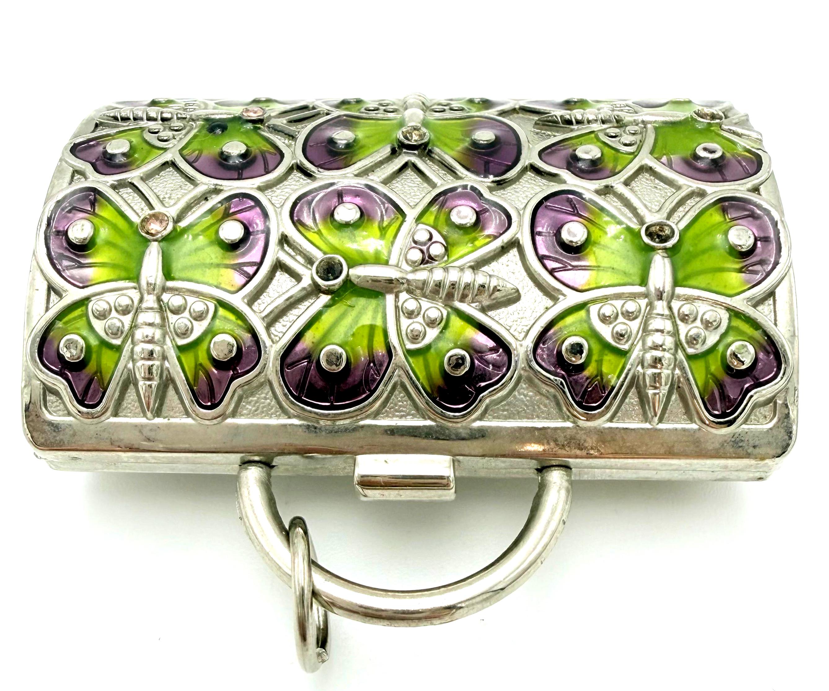 JUDITH LEIBER BUTTERFLY MINAUDIÈRE COMPACT FOR NEIMAN MARCUS – VINTAGE ENAMEL RHINESTONE MINI PURSE TRINKET BOX