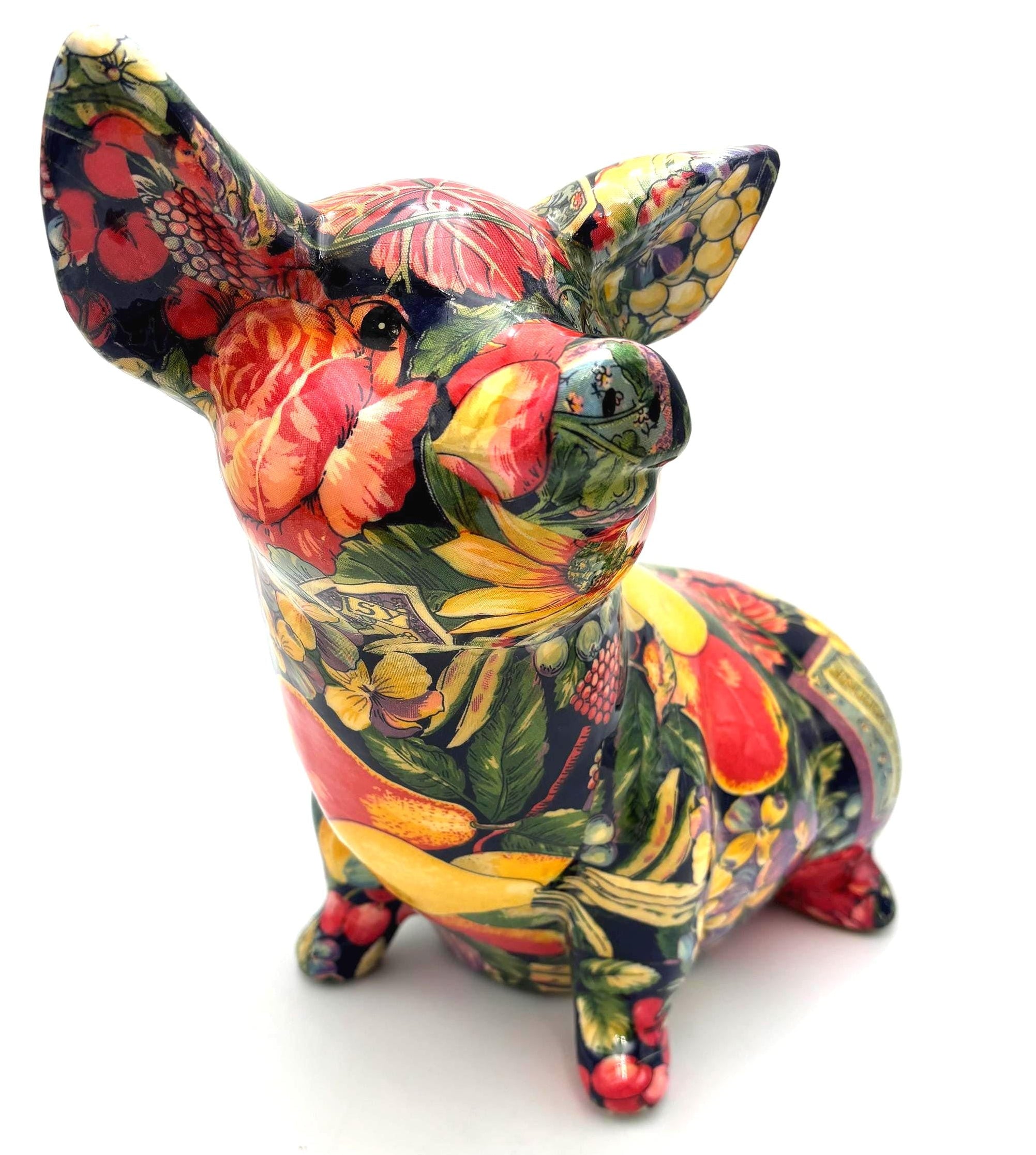 LARGE COLORFUL DECOUPAGE PIG SCULPTURE | VINTAGE FLORAL FRUIT FIGURINE WHIMSICAL BOTANICAL DECOR