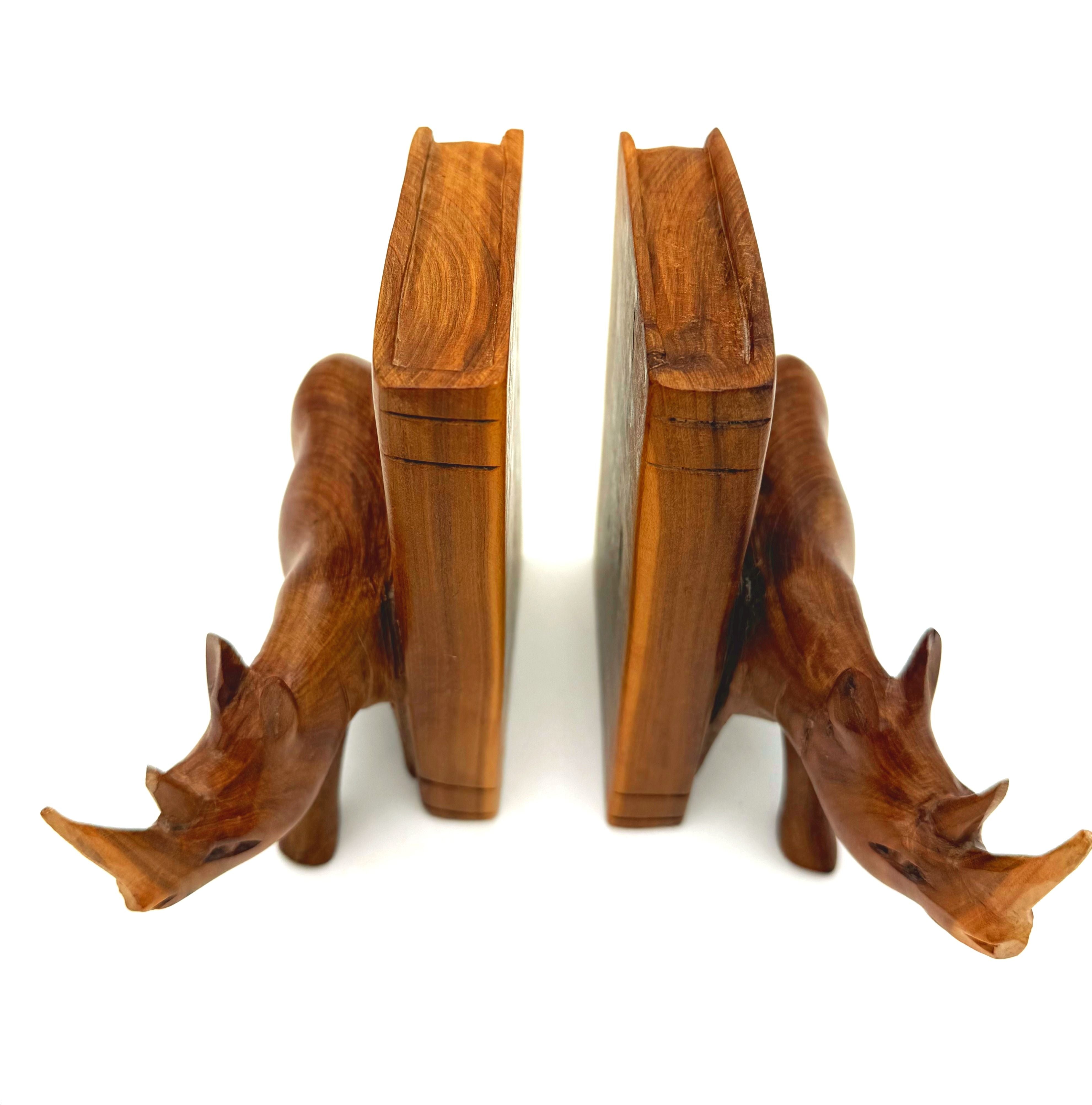 VINTAGE HAND CARVED WOOD RHINO BOOKENDS