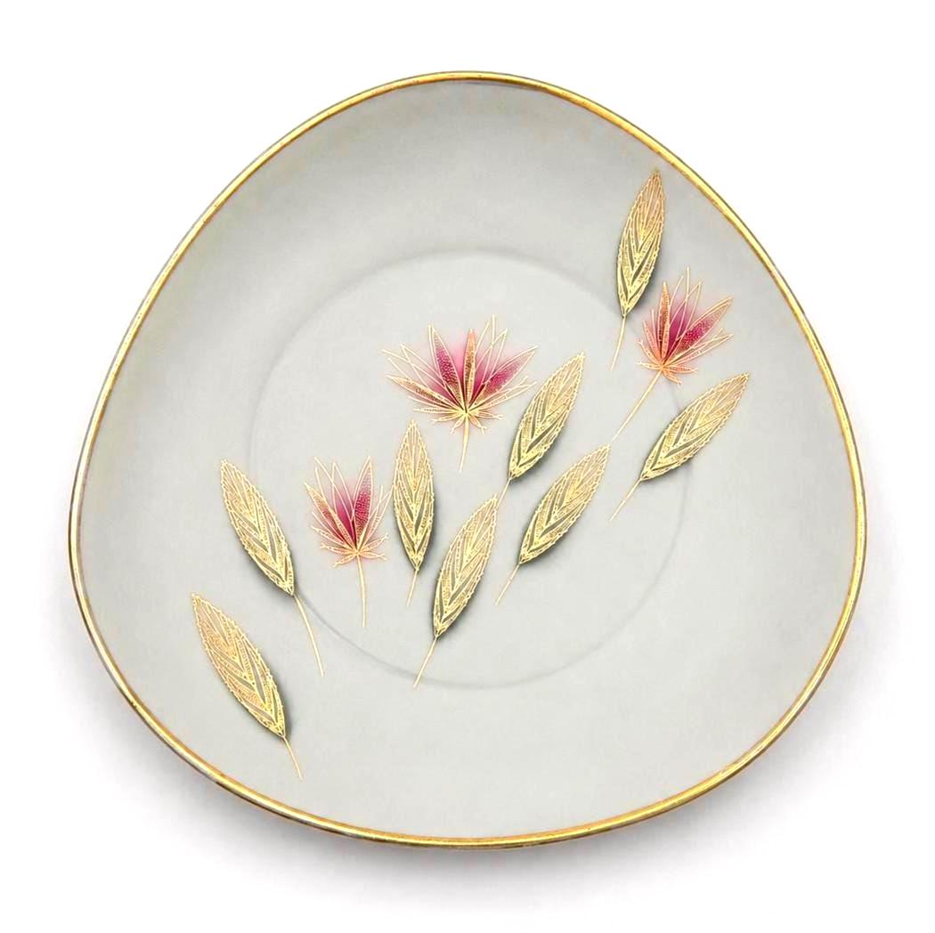 MID CENTURY BAVARIAN PORCELAIN SERVING BOWL | 12 INCH ELFENBEIN IVORY GOLD LEAF ATOMIC FLORAL DISH