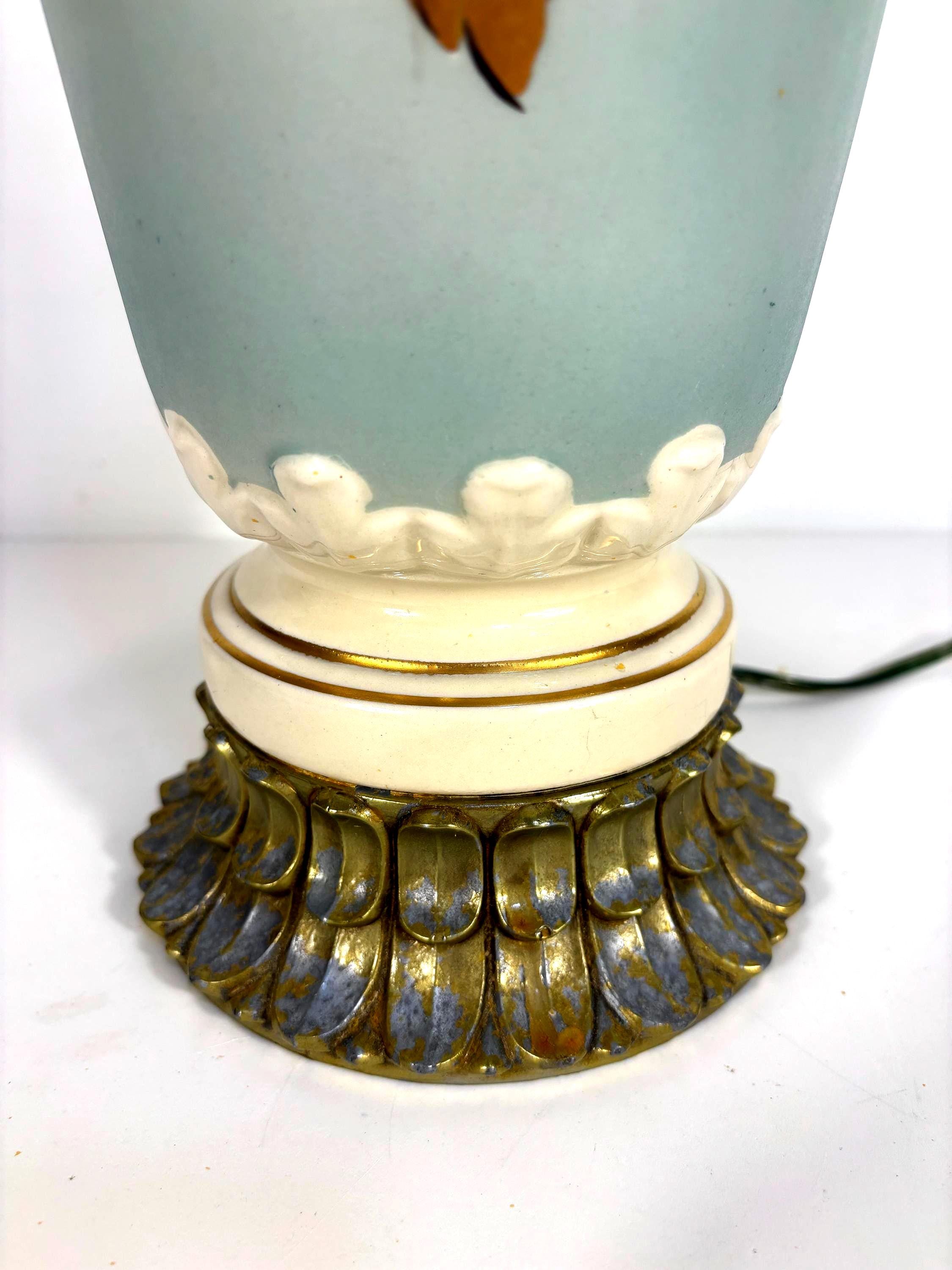 MID CENTURY CELADON BLUE ART POTTERY TABLE LAMP WITH GOLD LEAF BOTANICAL MOTIF | HOLLYWOOD REGENCY SCULPTURAL URN LAMP, 1950s