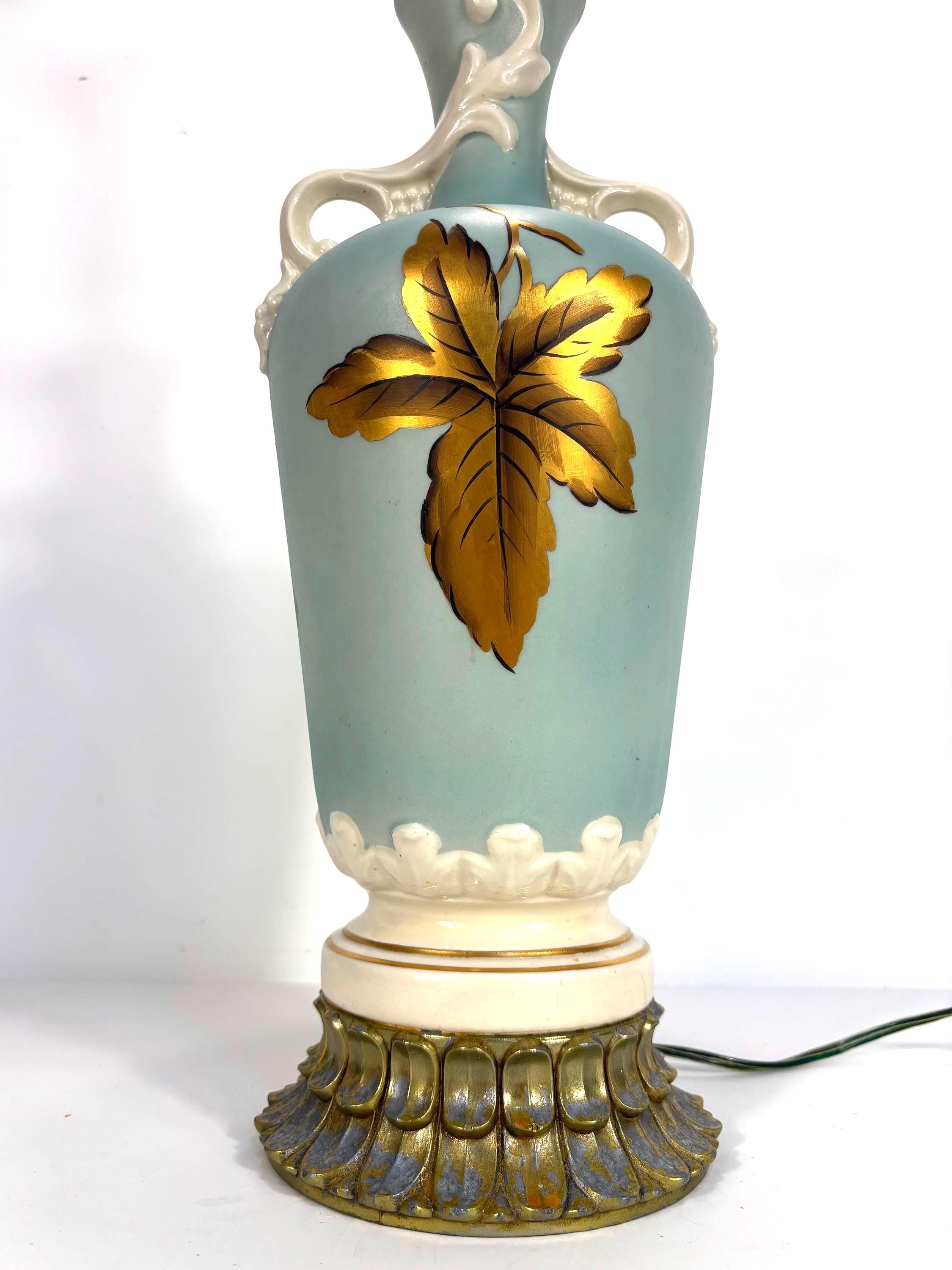 MID CENTURY CELADON BLUE ART POTTERY TABLE LAMP WITH GOLD LEAF BOTANICAL MOTIF | HOLLYWOOD REGENCY SCULPTURAL URN LAMP, 1950s