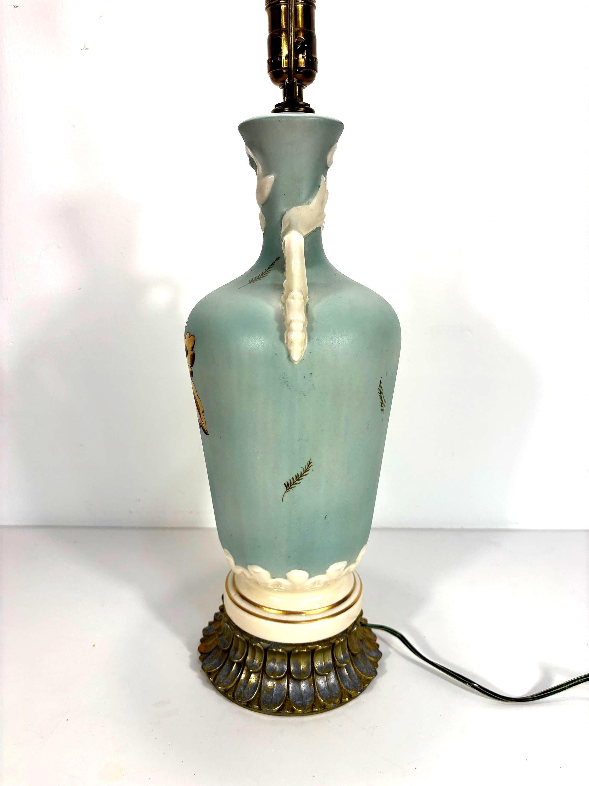 MID CENTURY CELADON BLUE ART POTTERY TABLE LAMP WITH GOLD LEAF BOTANICAL MOTIF | HOLLYWOOD REGENCY SCULPTURAL URN LAMP, 1950s