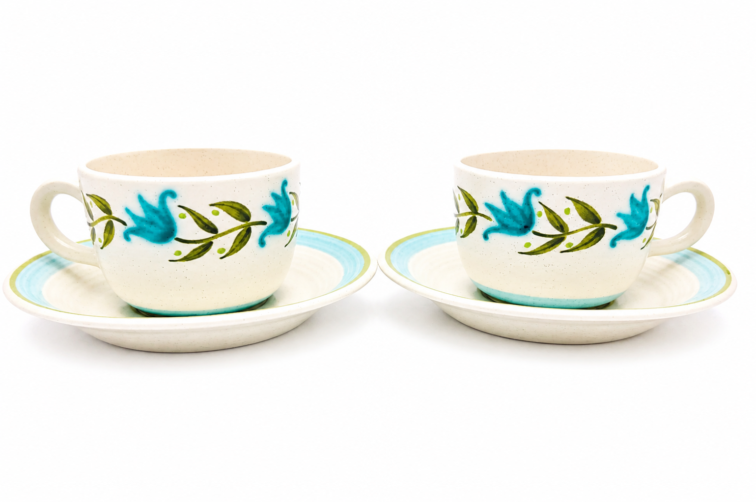 Mid Century Franciscan Tulip Time Teacup and Saucer Set, Vintage California Earthenware Coffee Set for Two, Floral Cottagecore Tableware